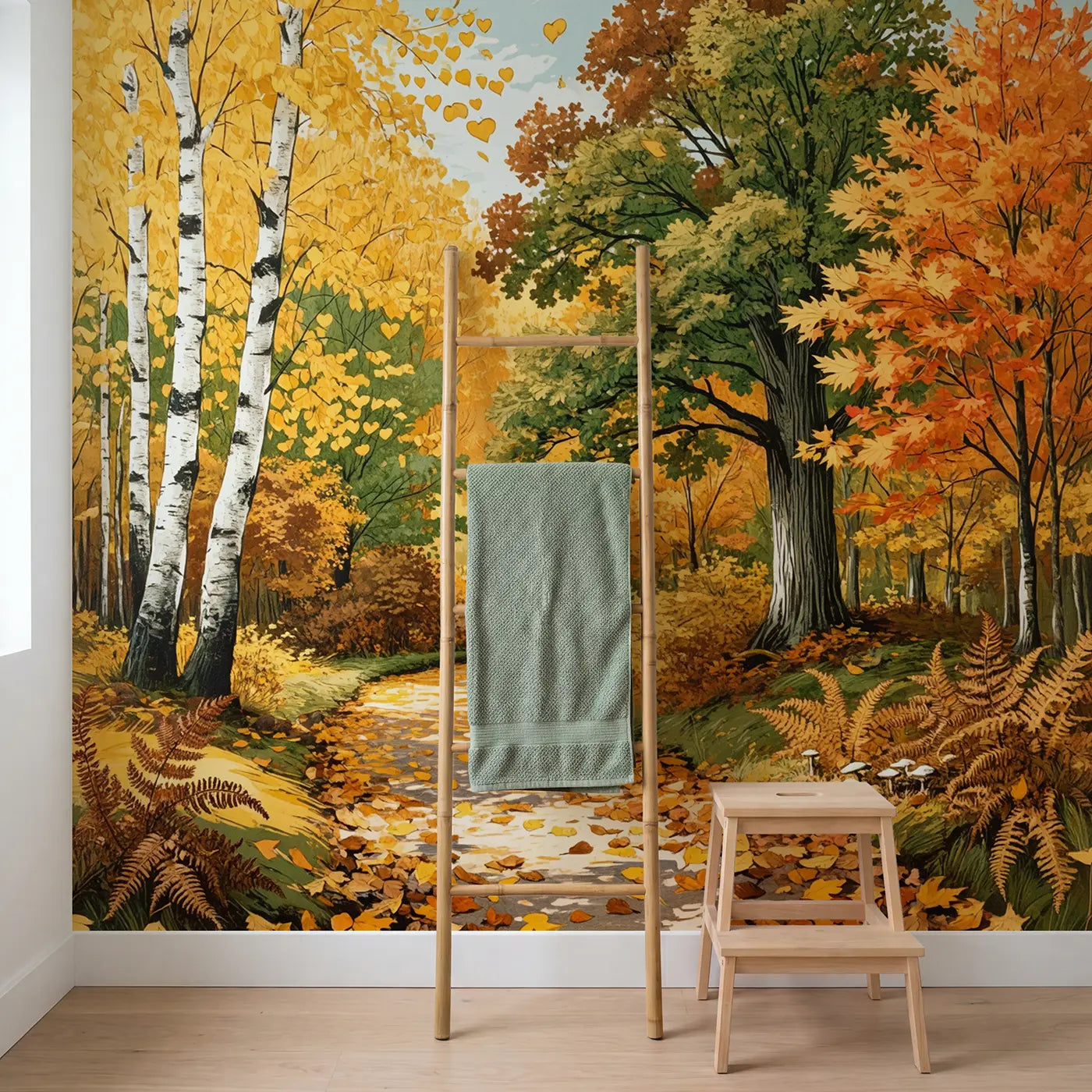 Autumn Woodland Canopy Wallpaper Mural in playroom setting by Whimsy Tots