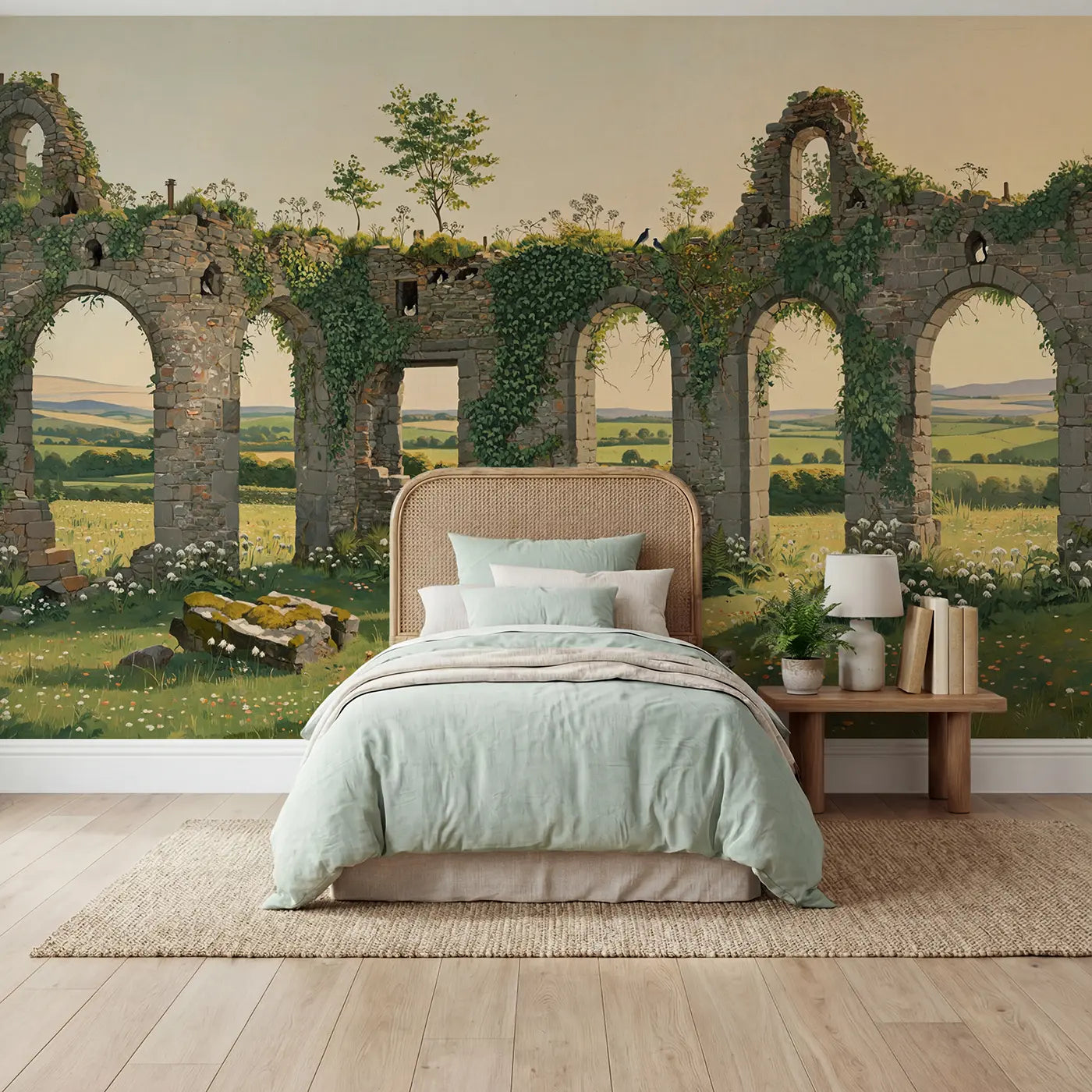 Modern Illustration ivy covered ancient ruin wallpaper mural for kids room by Whimsy Tots