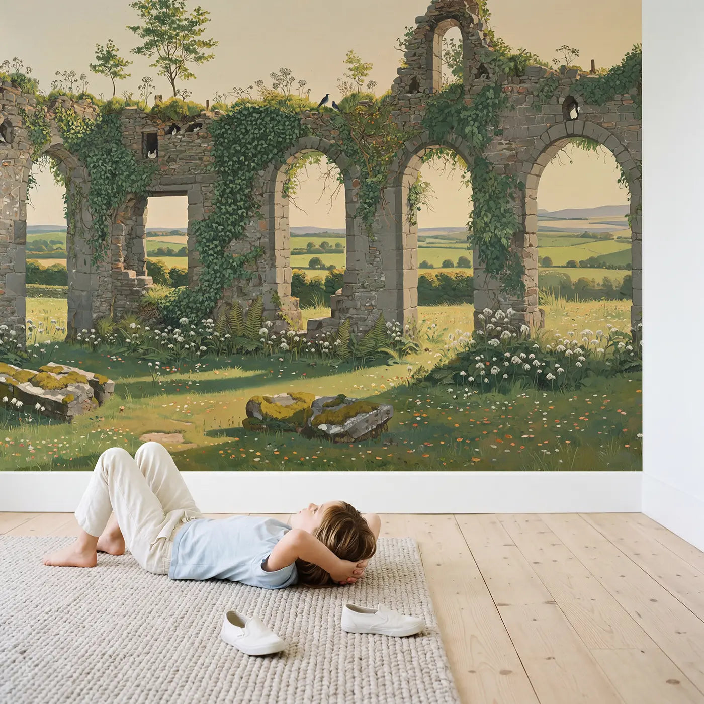 Child in nursery with Ivy Covered Ancient Ruin Wallpaper Mural by Whimsy Tots