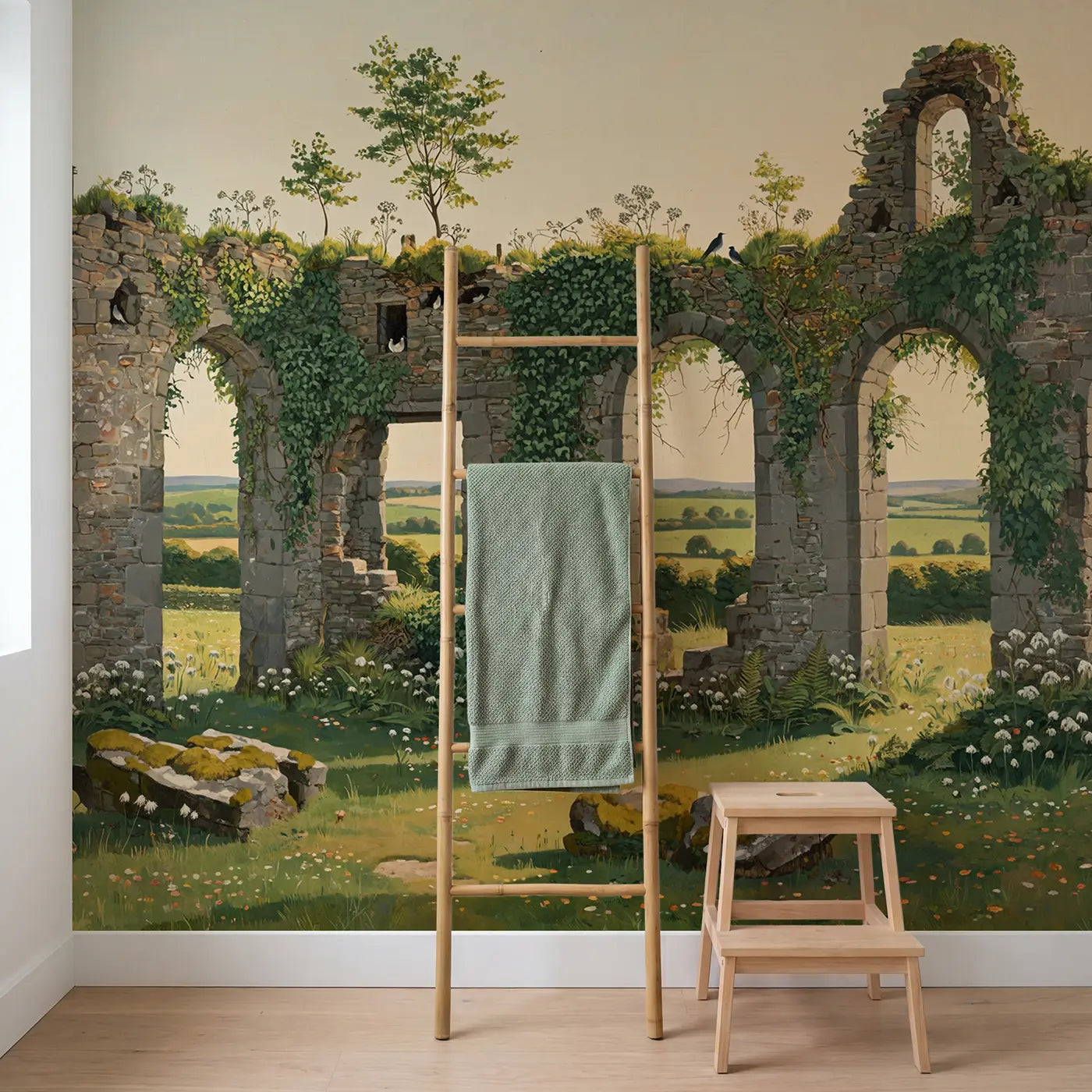 Ivy Covered Ancient Ruin Wallpaper Mural in playroom setting by Whimsy Tots