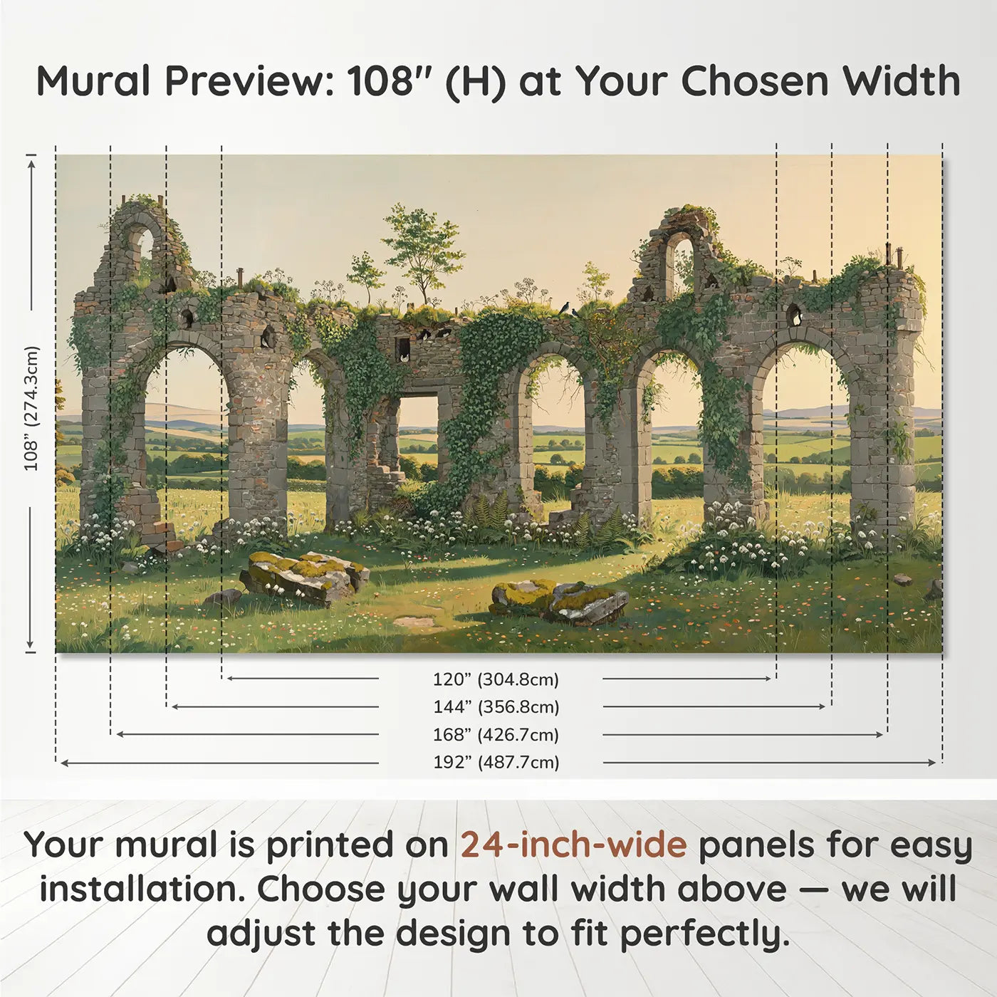 Panel layout and dimensions for Ivy Covered Ancient Ruin Wallpaper Mural by Whimsy Tots