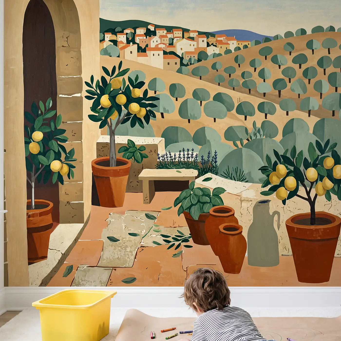 Child in nursery with Olive Grove Terrace Wallpaper Mural by Whimsy Tots