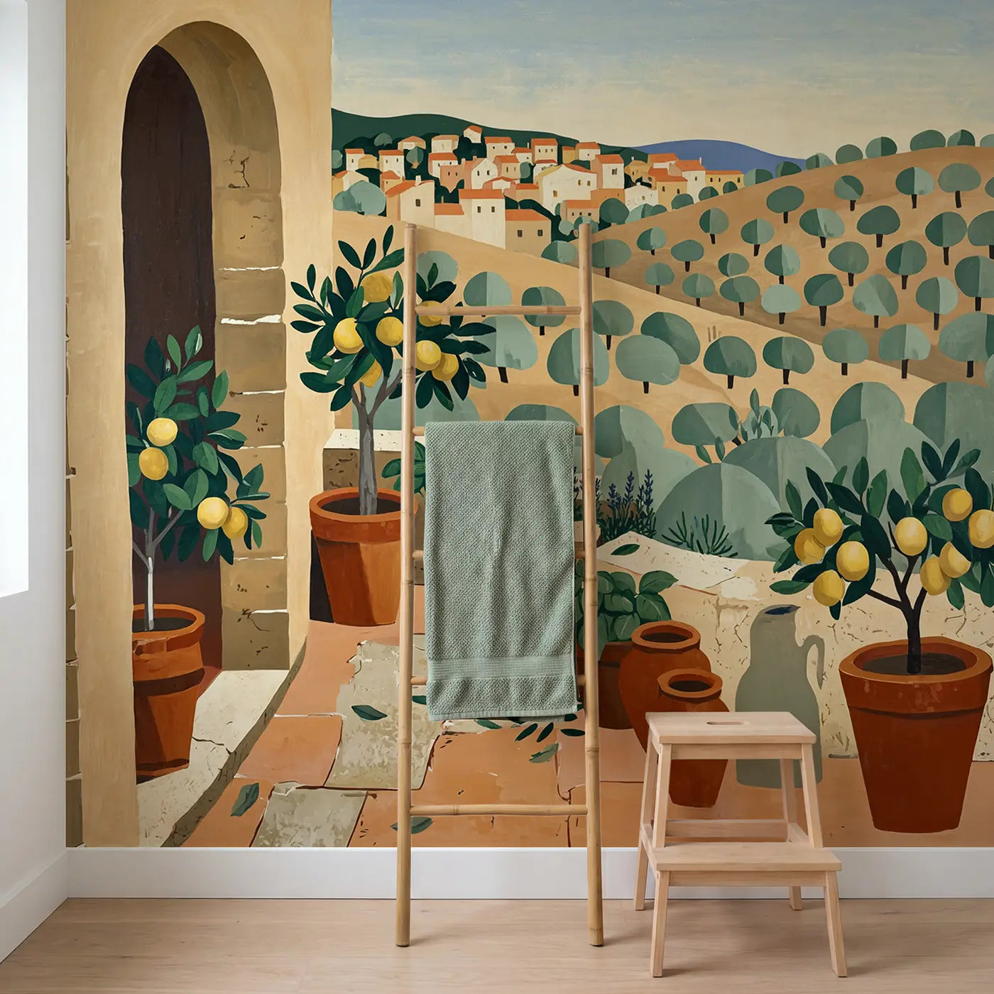 Olive Grove Terrace Wallpaper Mural in playroom setting by Whimsy Tots