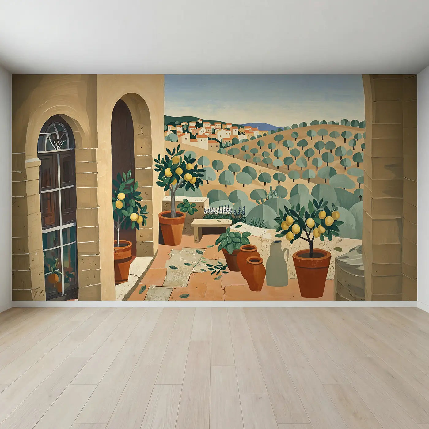 Full view of Olive Grove Terrace Wallpaper Mural by Whimsy Tots