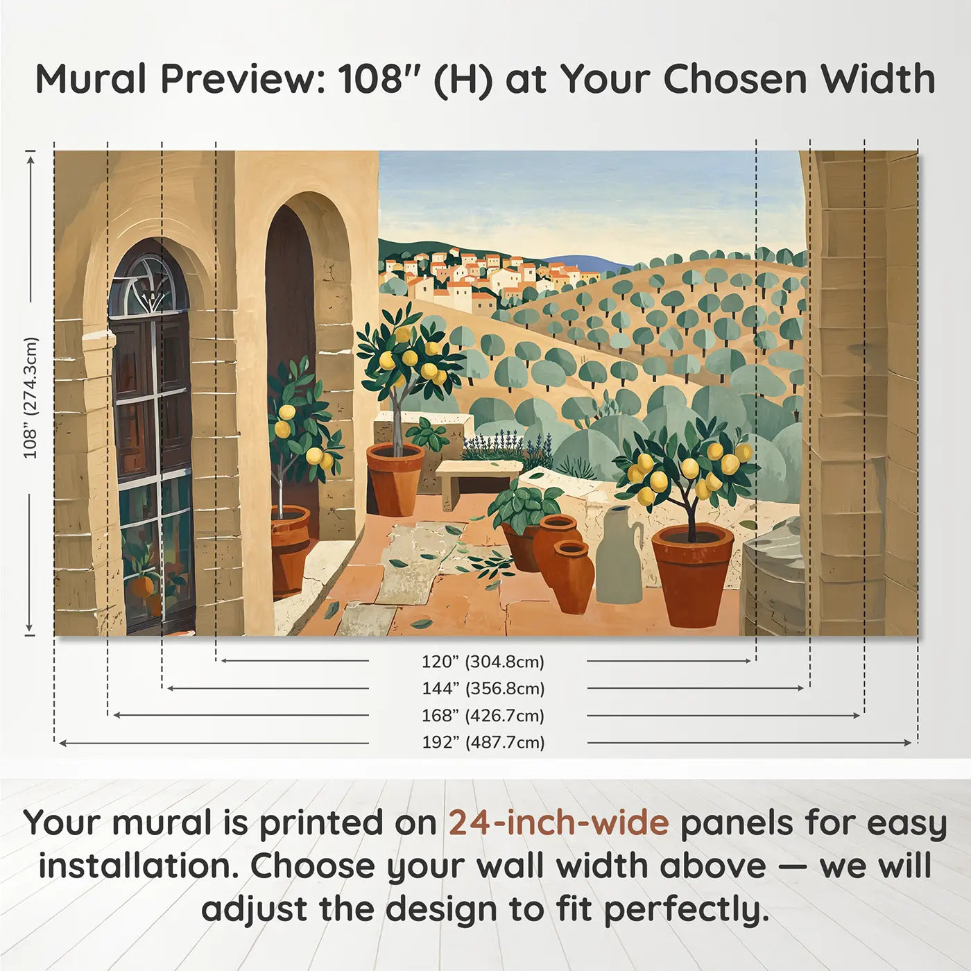 Panel layout and dimensions for Olive Grove Terrace Wallpaper Mural by Whimsy Tots