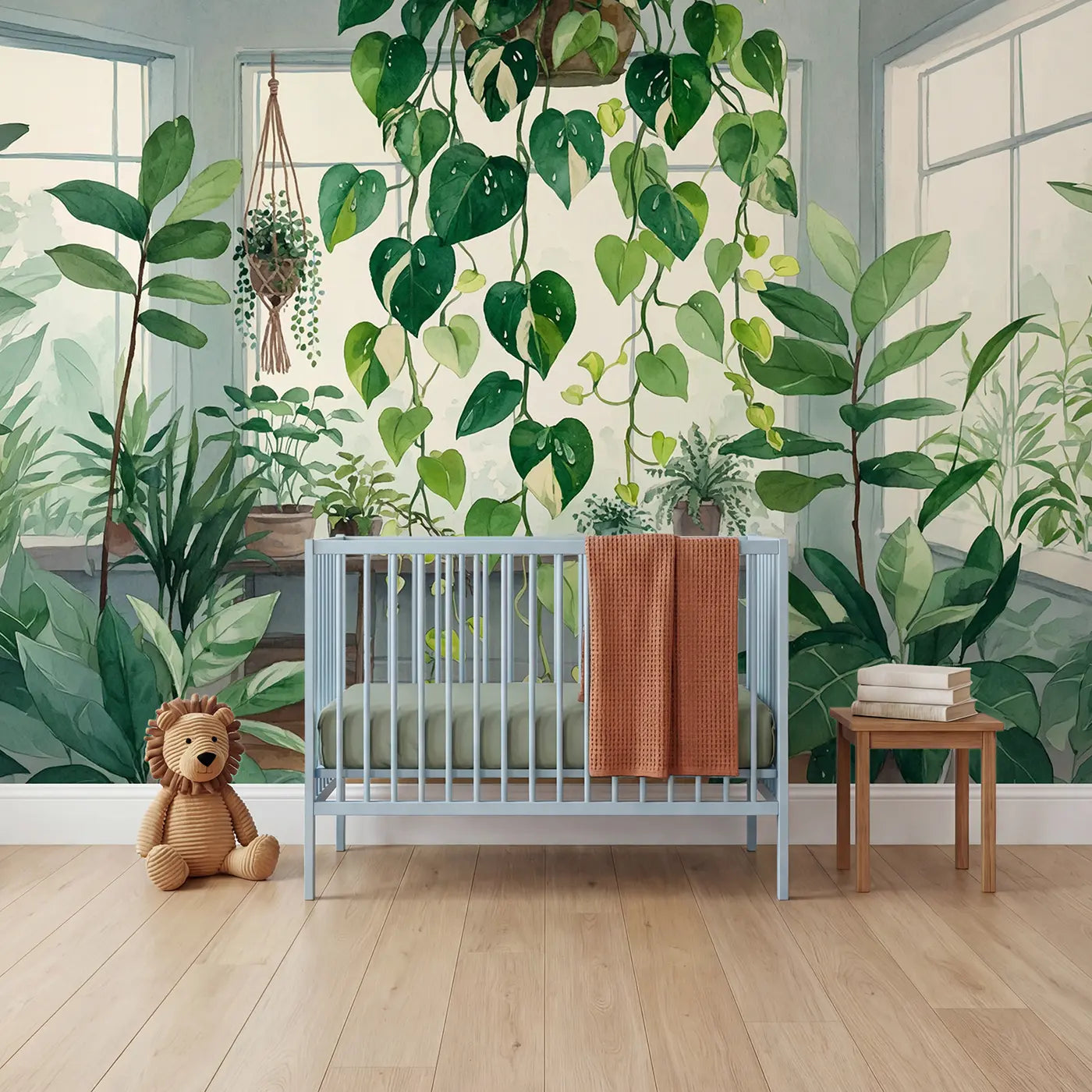 watercolor trailing pothos vine mural for nursery by Whimsy Tots