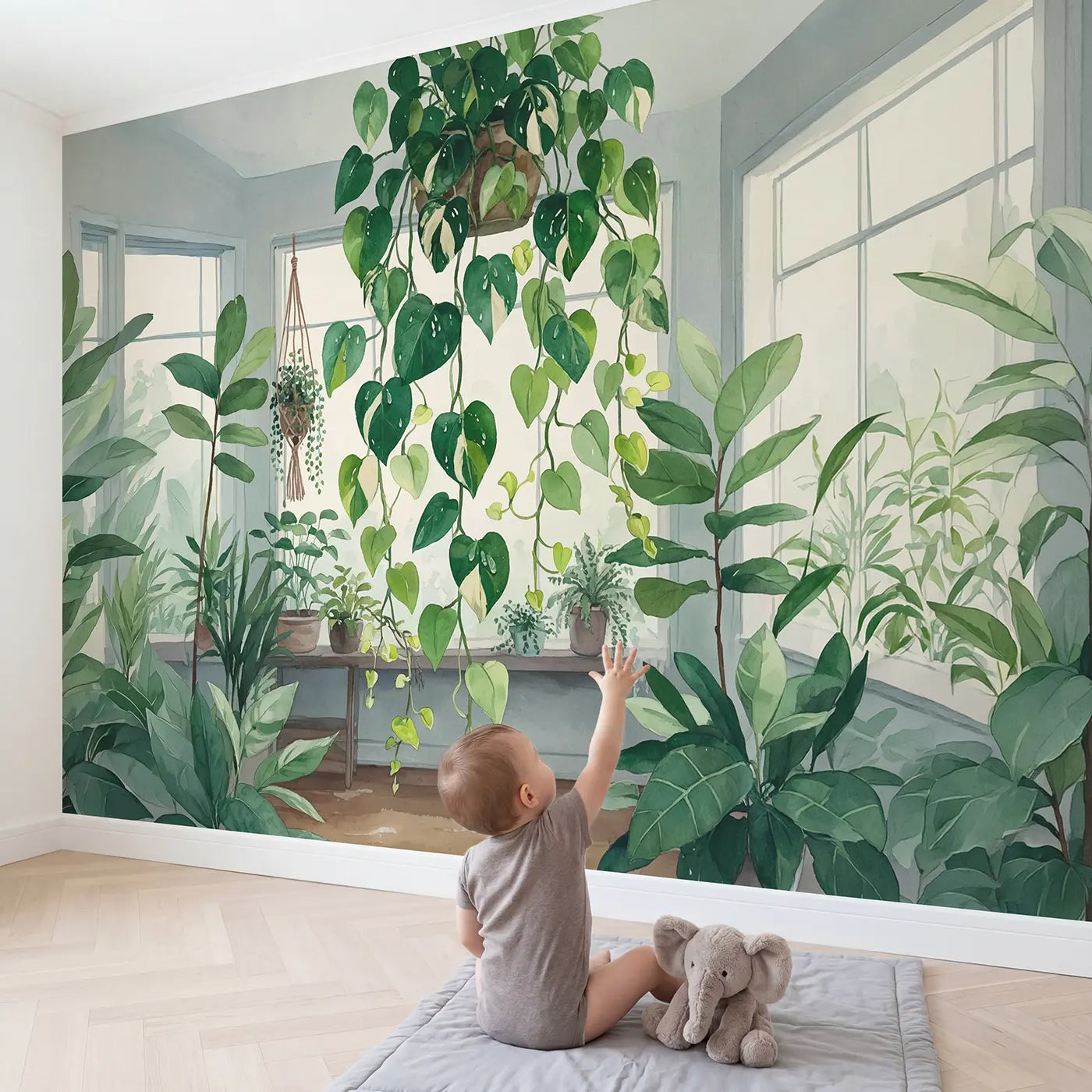 Child in nursery with Trailing Pothos Vine Indoor Wallpaper Mural by Whimsy Tots