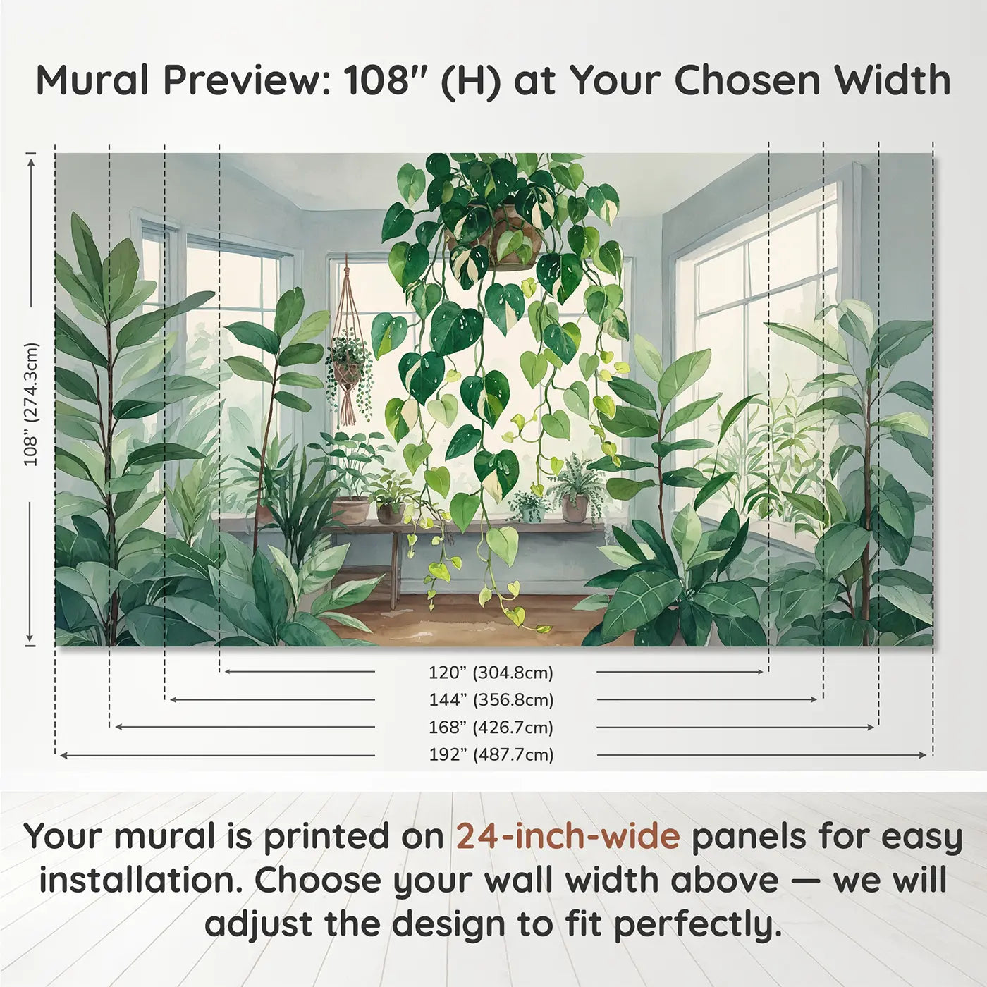 Panel layout and dimensions for Trailing Pothos Vine Indoor Wallpaper Mural by Whimsy Tots