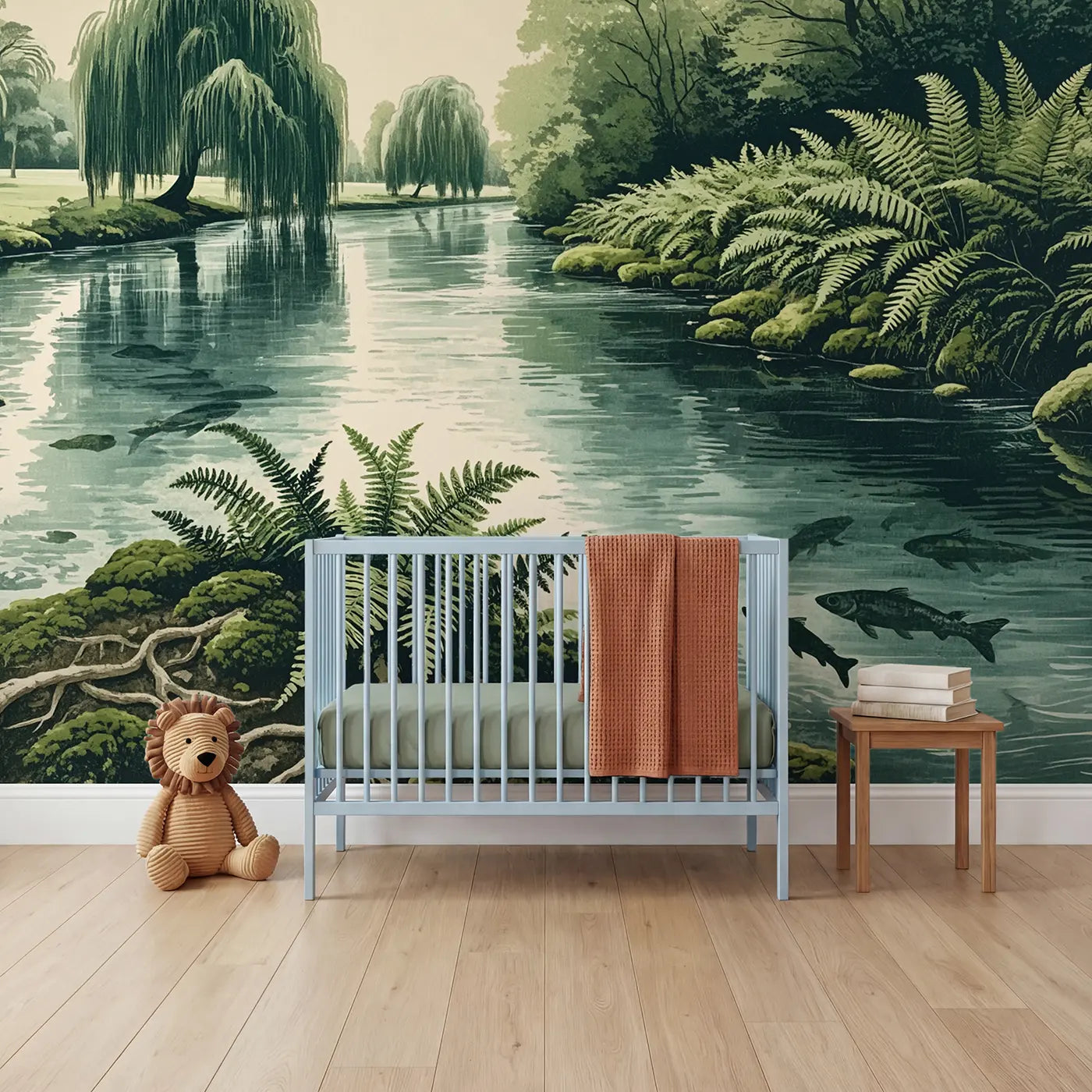 Block print fern botanical wallpaper mural for nursery by Whimsy Tots