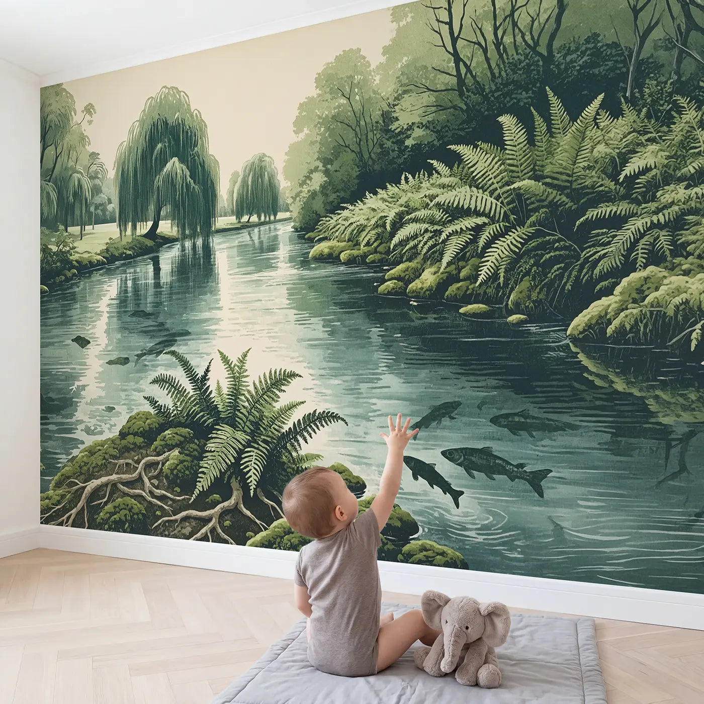Child in nursery with Fern Canopy Riverbank Wallpaper Mural by Whimsy Tots