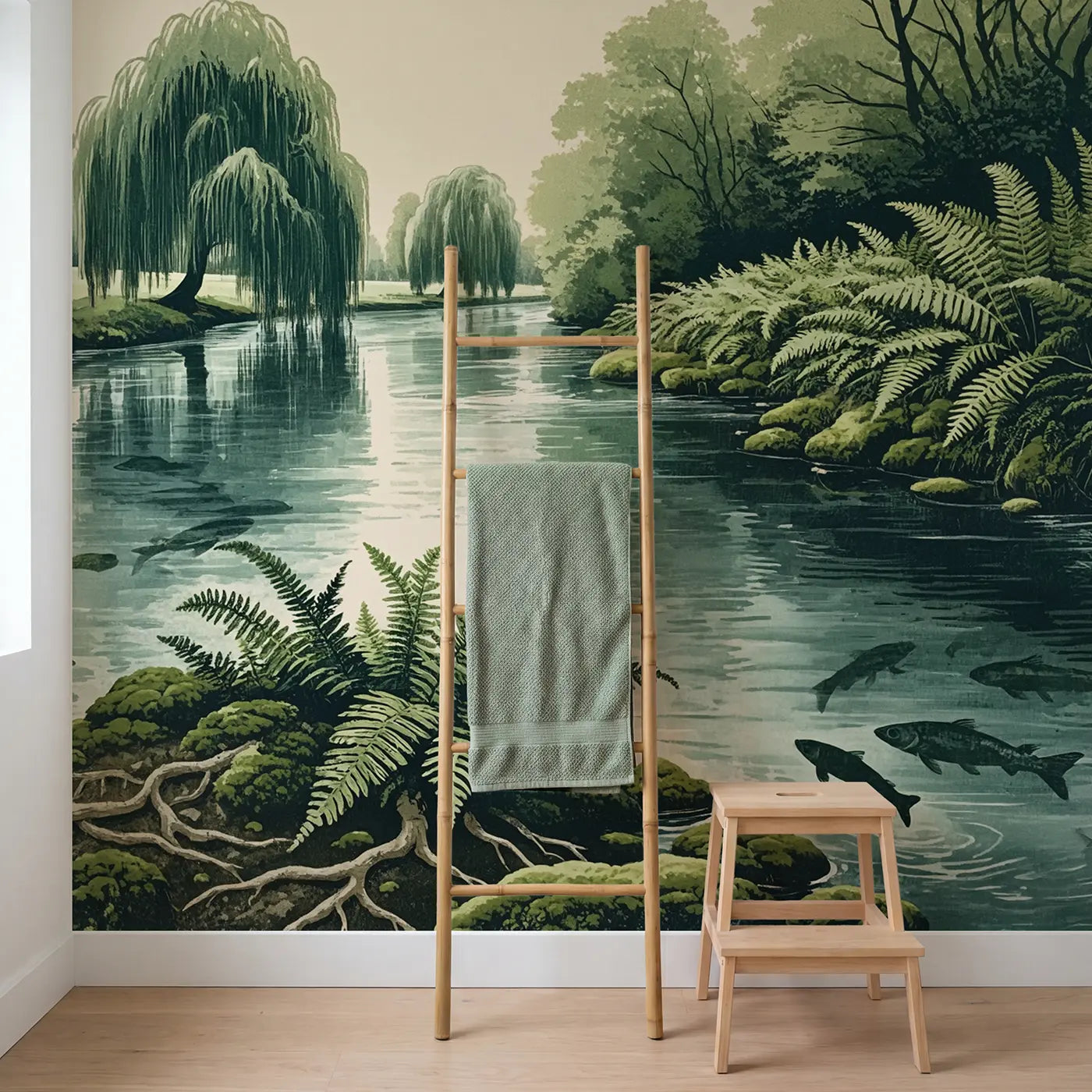 Fern Canopy Riverbank Wallpaper Mural in playroom setting by Whimsy Tots
