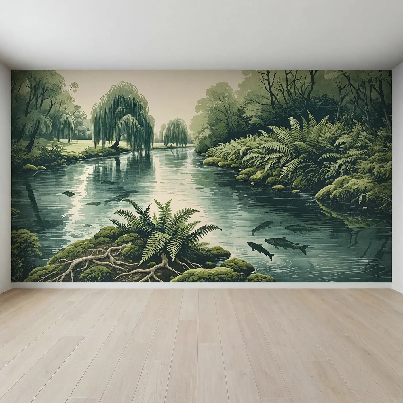 Full view of Fern Canopy Riverbank Wallpaper Mural by Whimsy Tots