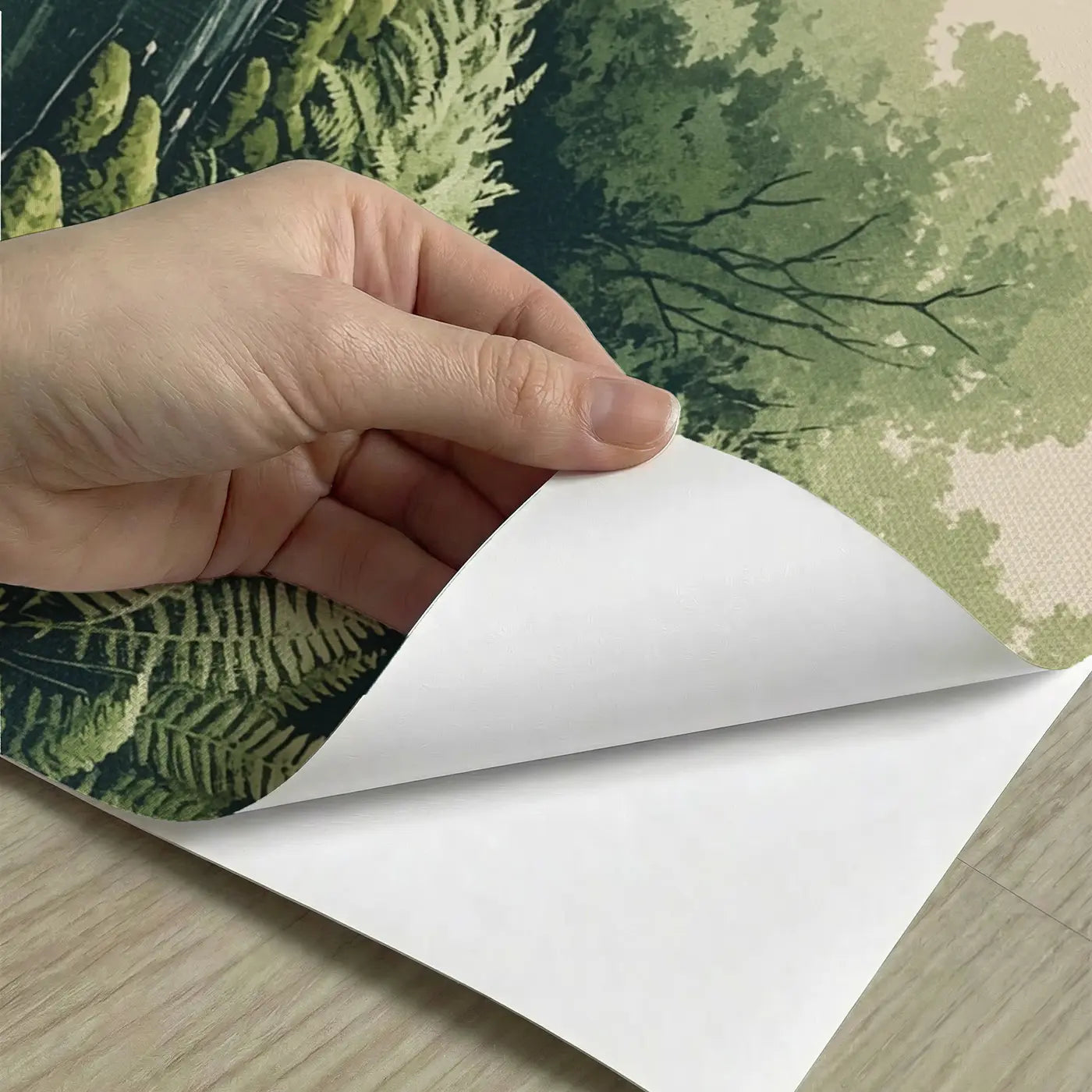 Peel-and-stick detail of Fern Canopy Riverbank Wallpaper Mural by Whimsy Tots
