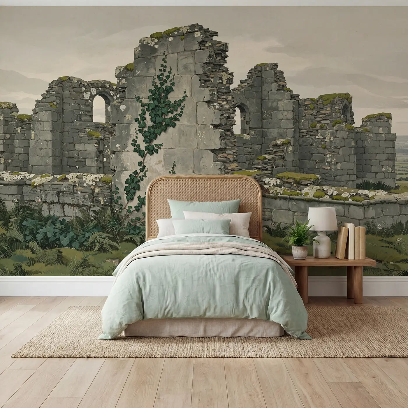 Modern illustration ivy castle stone wallpaper mural for kids room by Whimsy Tots