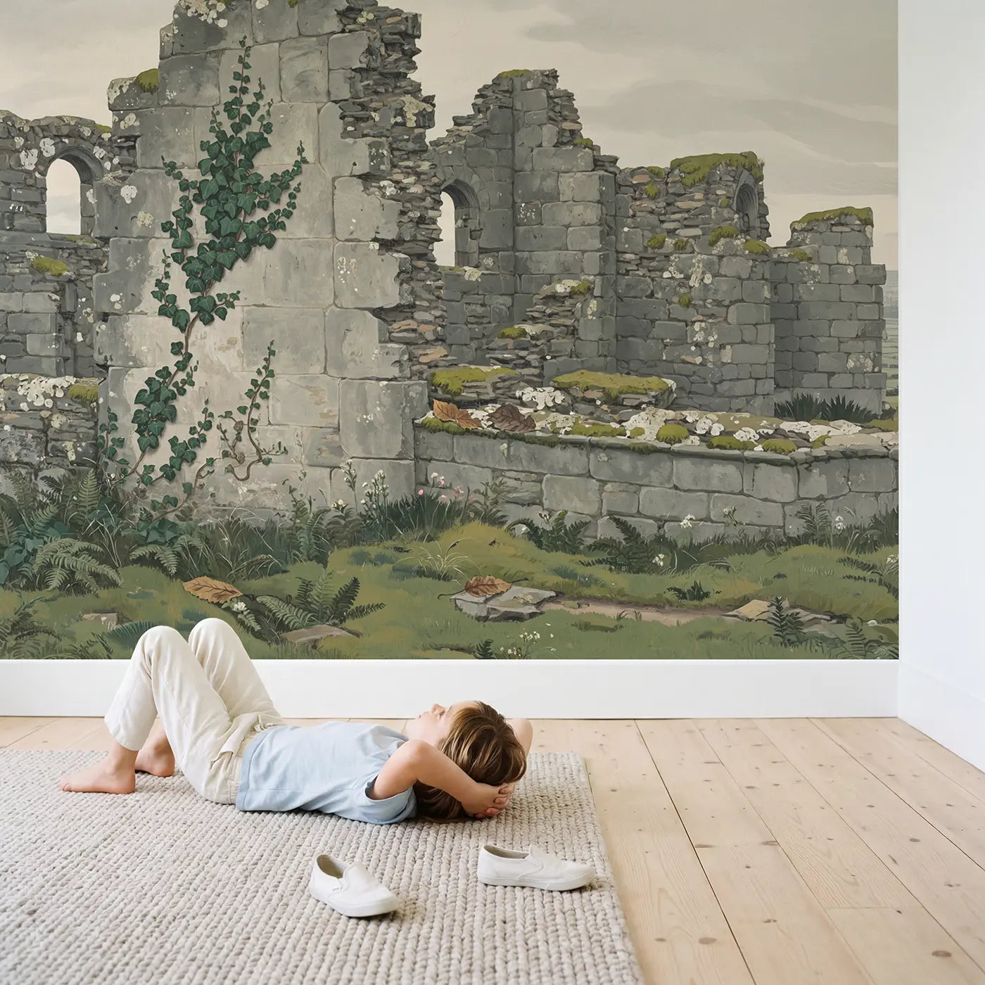 Child in nursery with Ivy on Castle Stone Wallpaper Mural by Whimsy Tots