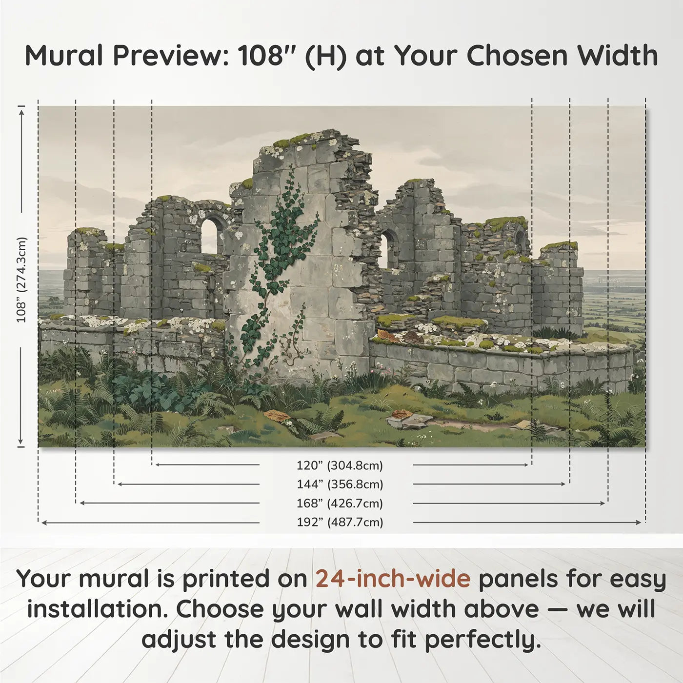 Panel layout and dimensions for Ivy on Castle Stone Wallpaper Mural by Whimsy Tots