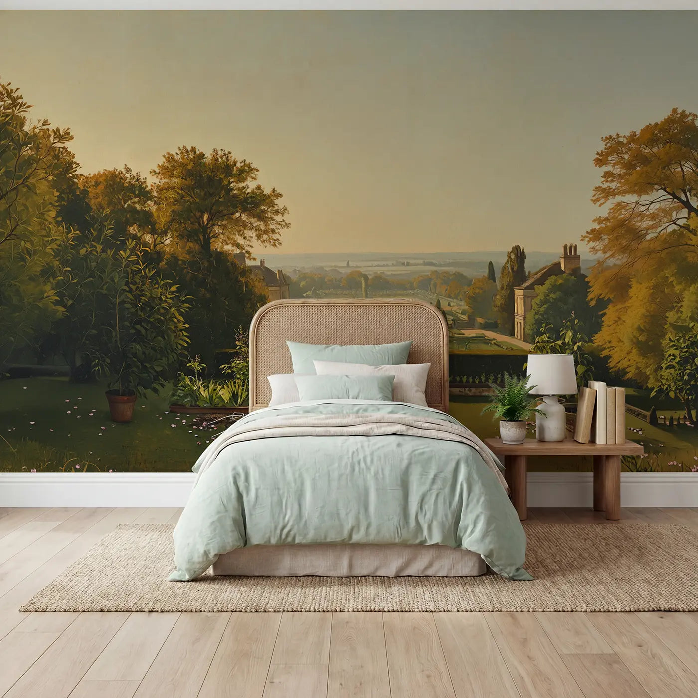 Painted landscape topiary garden botanical wallpaper mural for kids room by Whimsy Tots