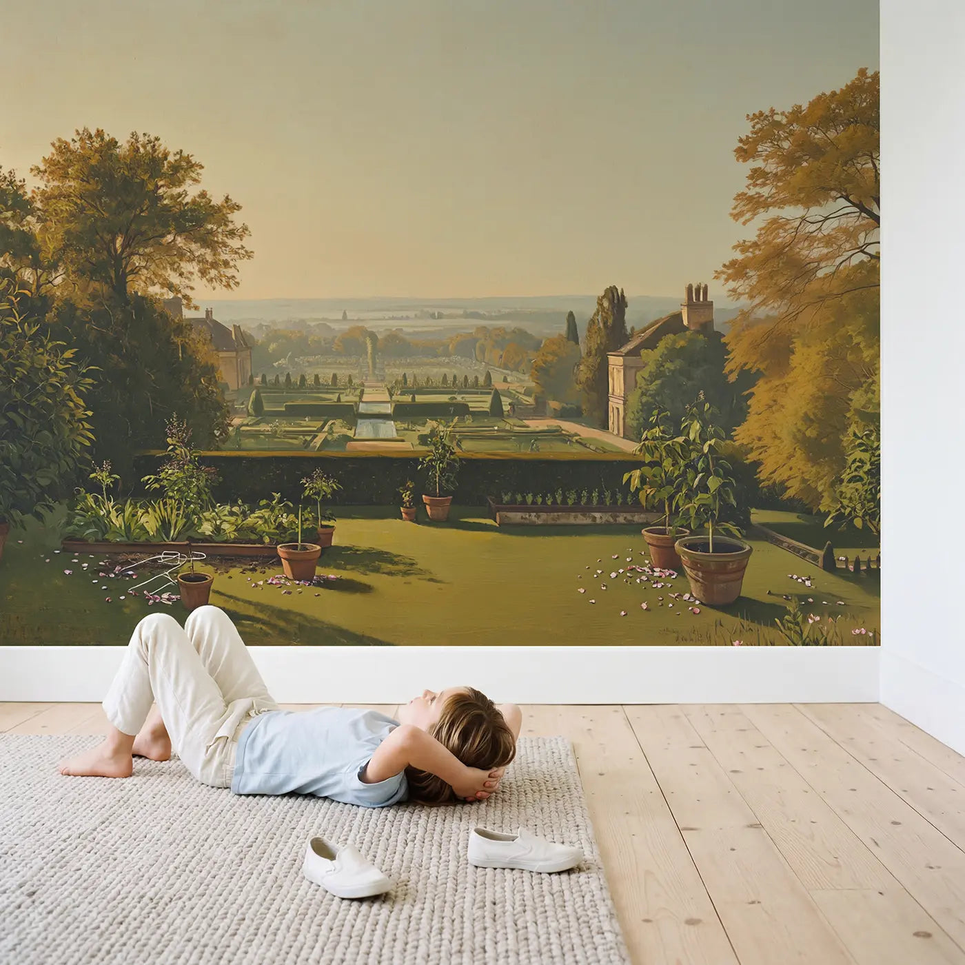Child in nursery with Topiary Garden Sculpted Hedge Wallpaper Mural by Whimsy Tots