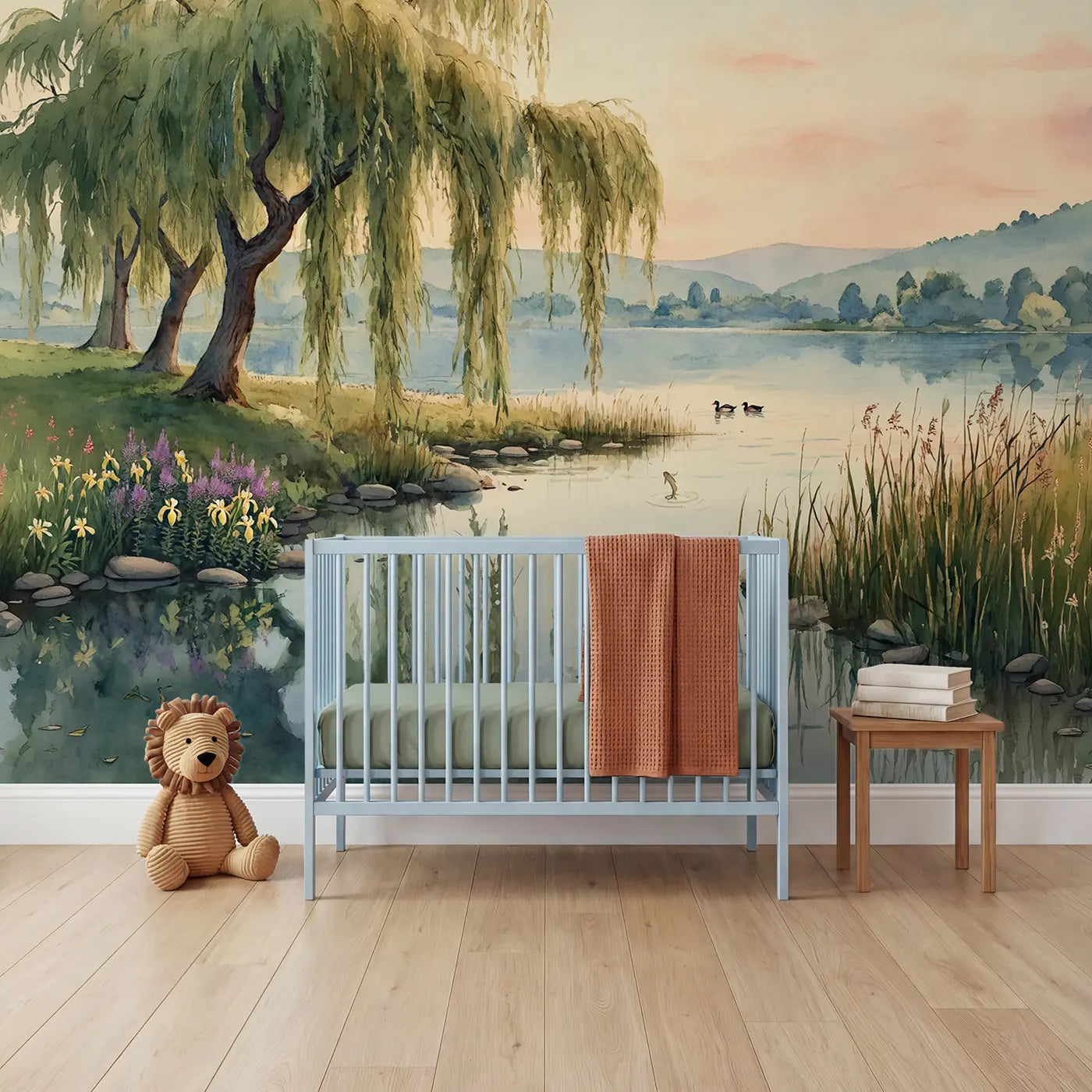 Watercolor willow grove lake dawn wallpaper mural for nursery by Whimsy Tots