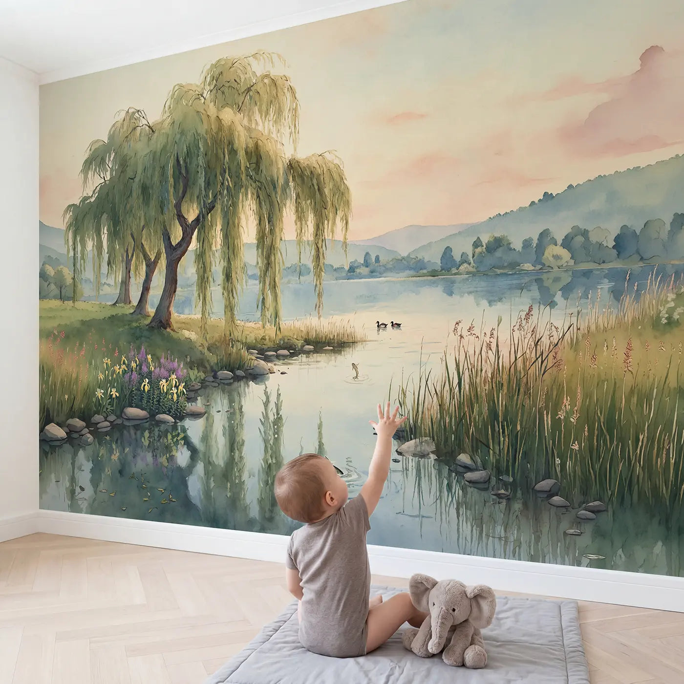 Child in nursery with Willow Grove Lakeside Wallpaper Mural by Whimsy Tots