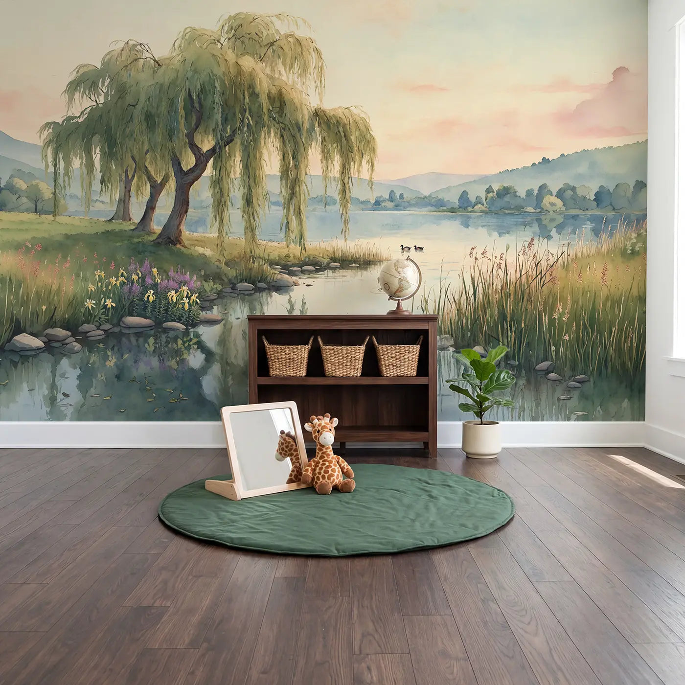 Willow Grove Lakeside Wallpaper Mural in playroom setting by Whimsy Tots