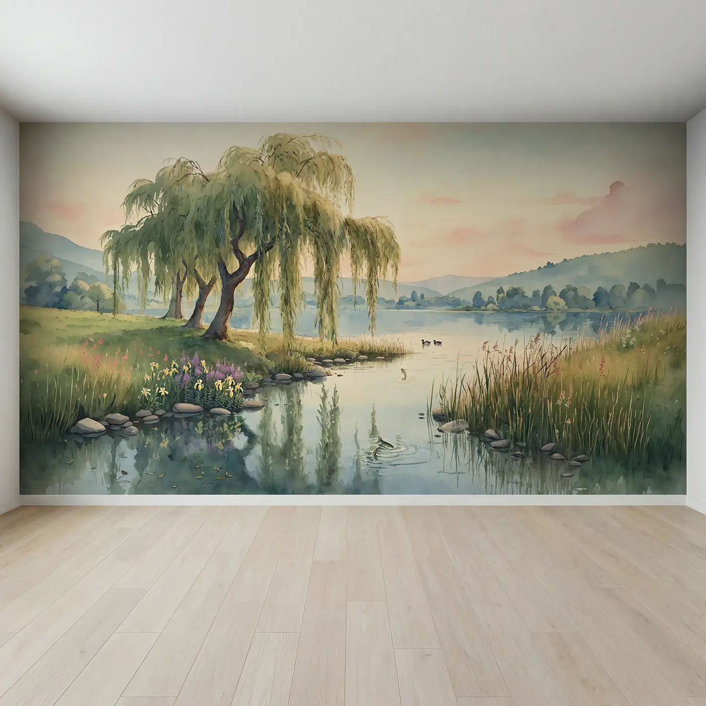 Full view of Willow Grove Lakeside Wallpaper Mural by Whimsy Tots