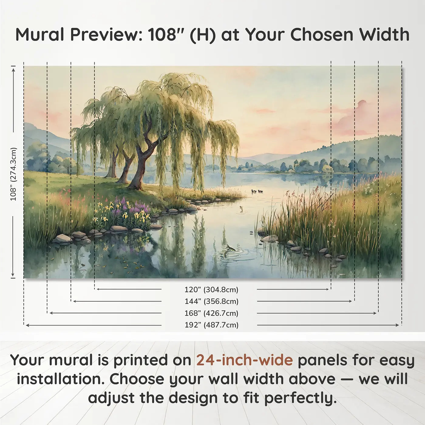 Panel layout and dimensions for Willow Grove Lakeside Wallpaper Mural by Whimsy Tots
