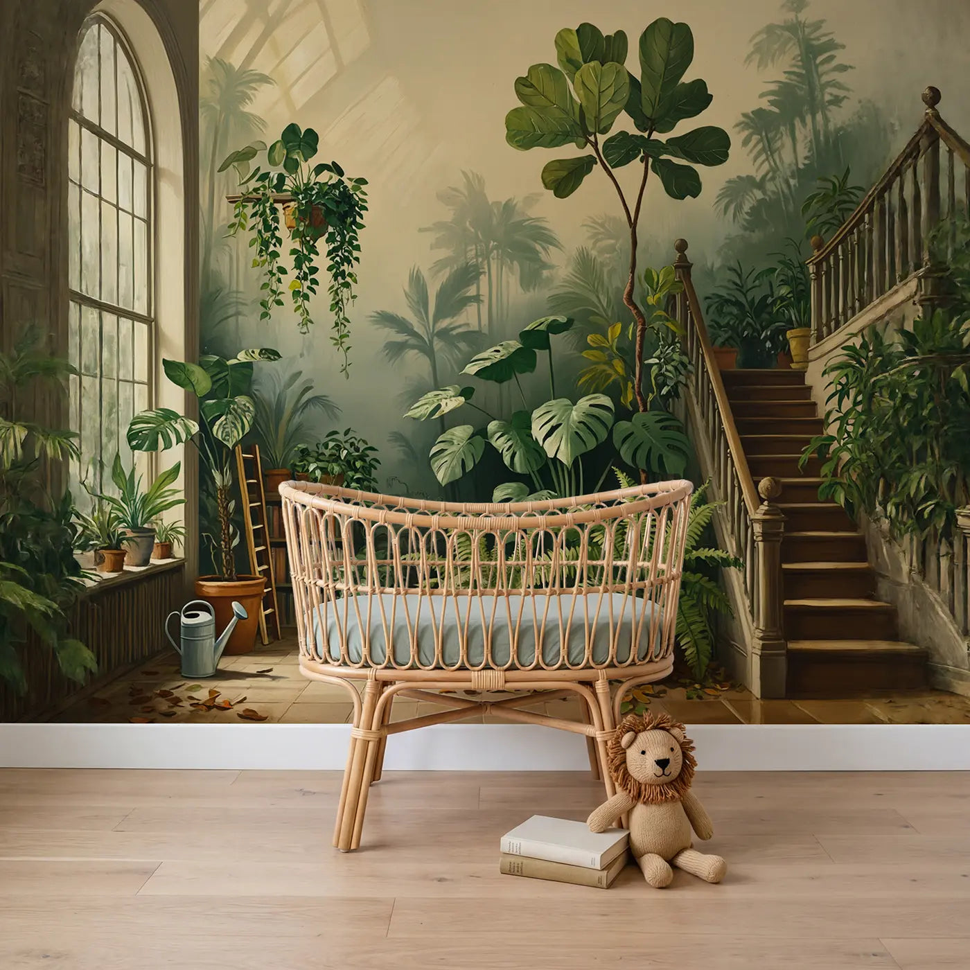 Painted landscape botanical greenhouse monstera wallpaper mural for boys nursery by Whimsy Tots