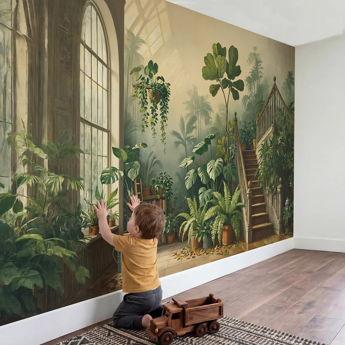 Child in nursery with Indoor Botanical Jungle Wallpaper Mural by Whimsy Tots