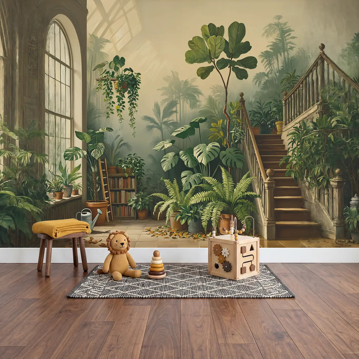 Indoor Botanical Jungle Wallpaper Mural in playroom setting by Whimsy Tots