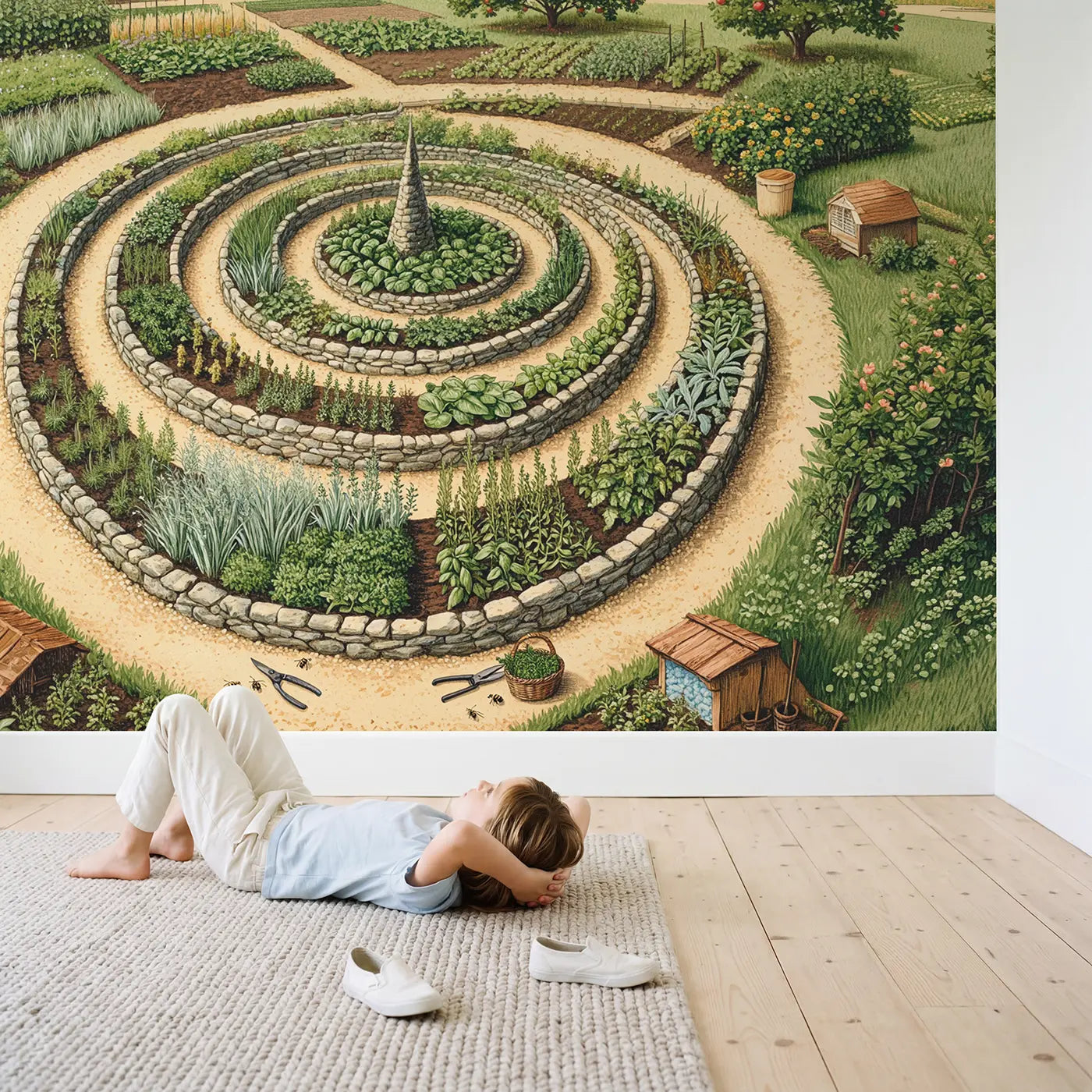 Child in nursery with Herb Spiral Garden Above Wallpaper Mural by Whimsy Tots