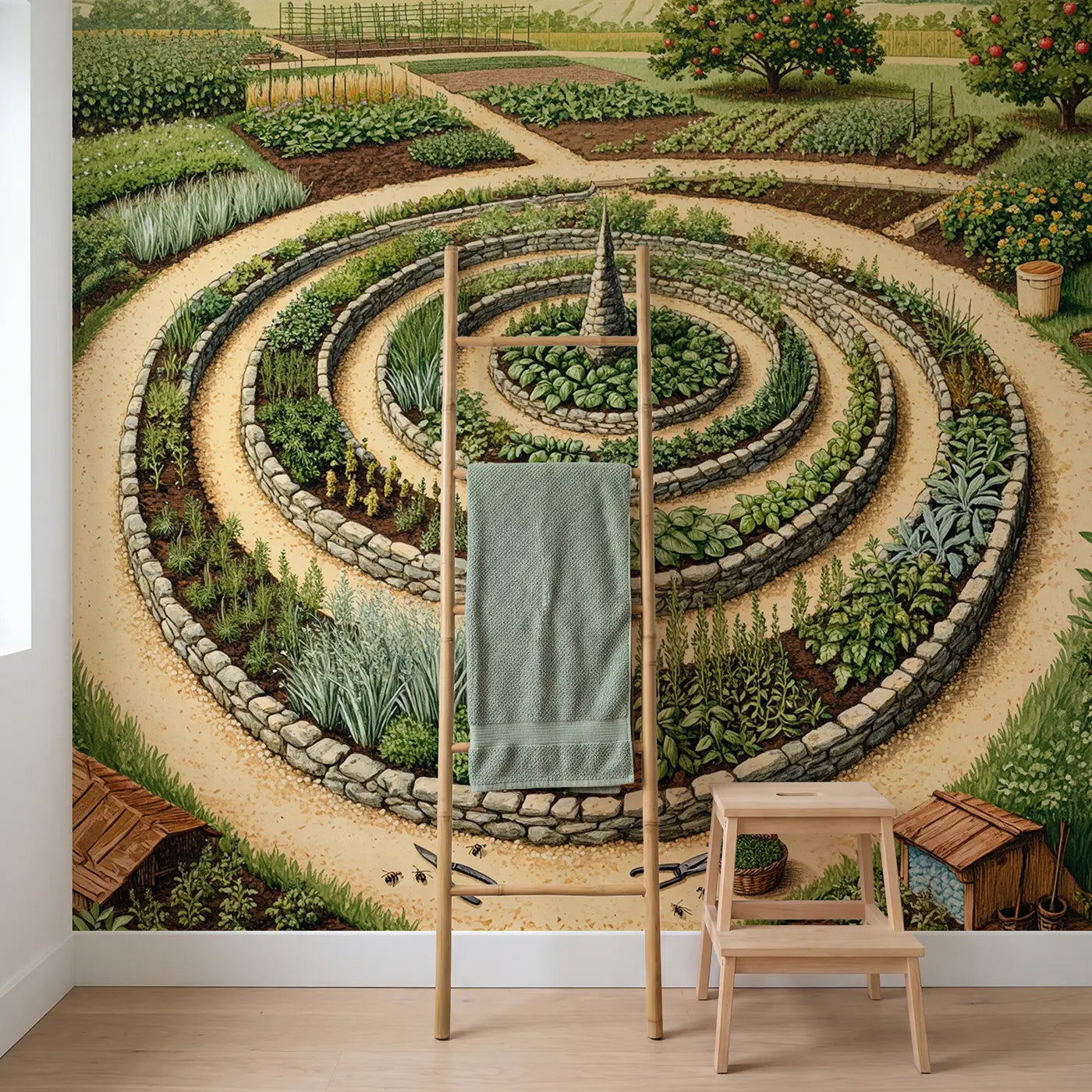 Herb Spiral Garden Above Wallpaper Mural in playroom setting by Whimsy Tots