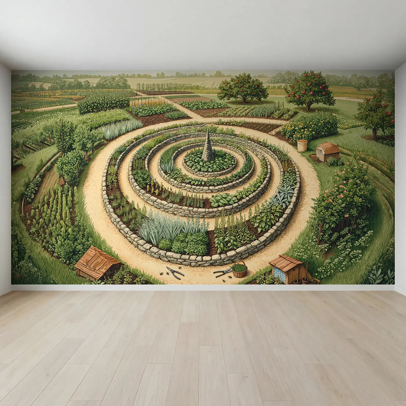 Full view of Herb Spiral Garden Above Wallpaper Mural by Whimsy Tots