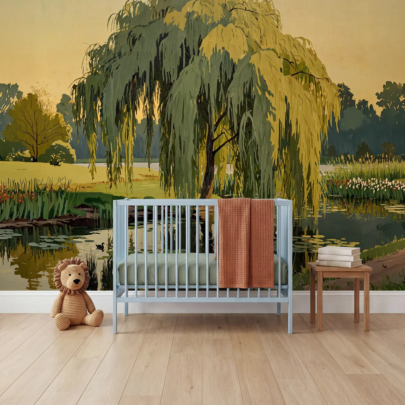 Modern illustration weeping willow river wallpaper mural for nursery by Whimsy Tots