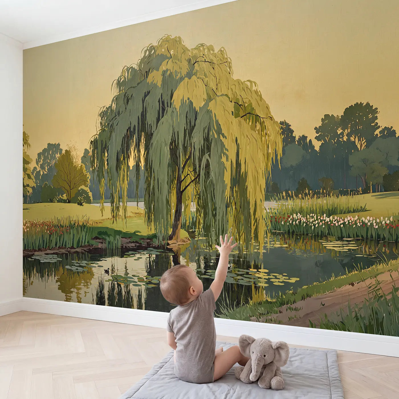 Child in nursery with Weeping Willow River Wallpaper Mural by Whimsy Tots