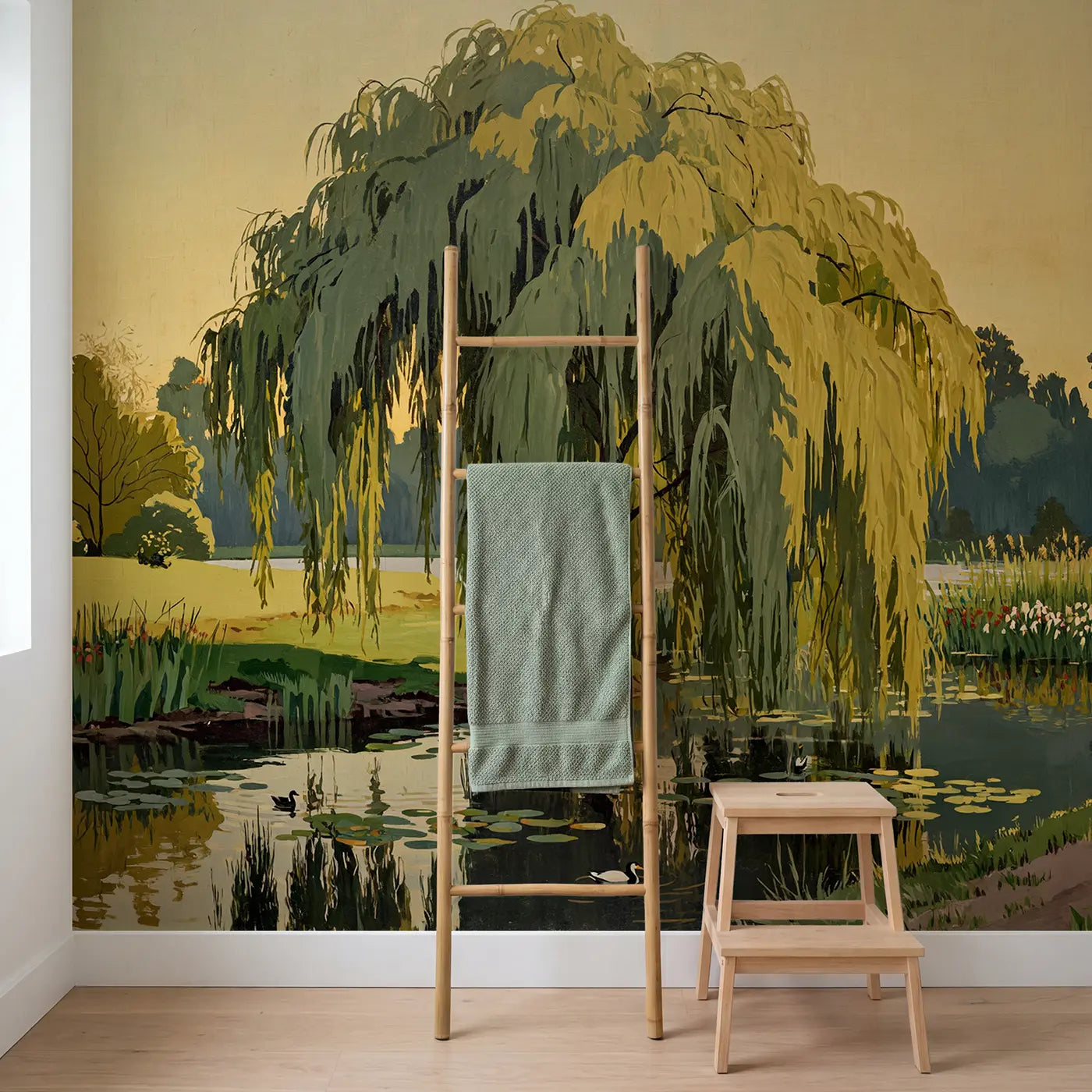 Weeping Willow River Wallpaper Mural in playroom setting by Whimsy Tots