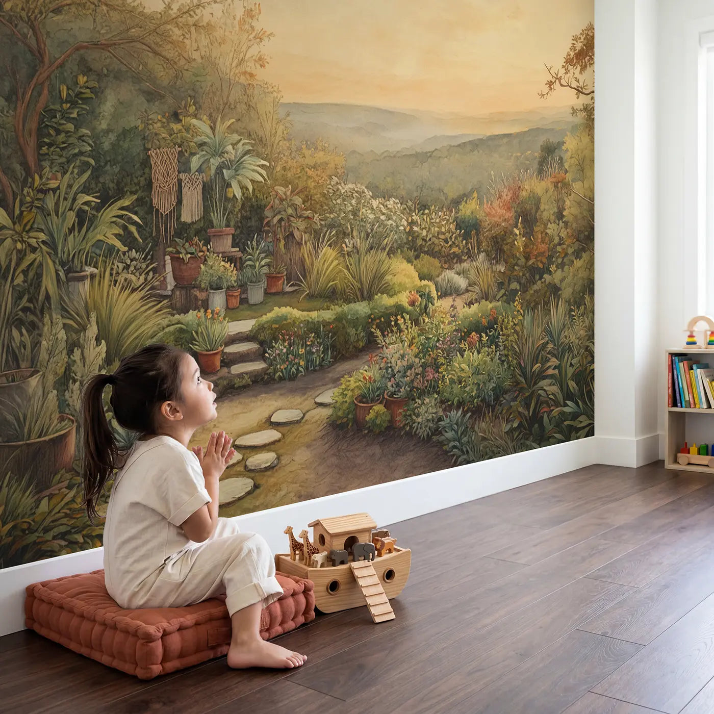Child in nursery with Mixed Houseplant Collection Boho Wallpaper Mural by Whimsy Tots