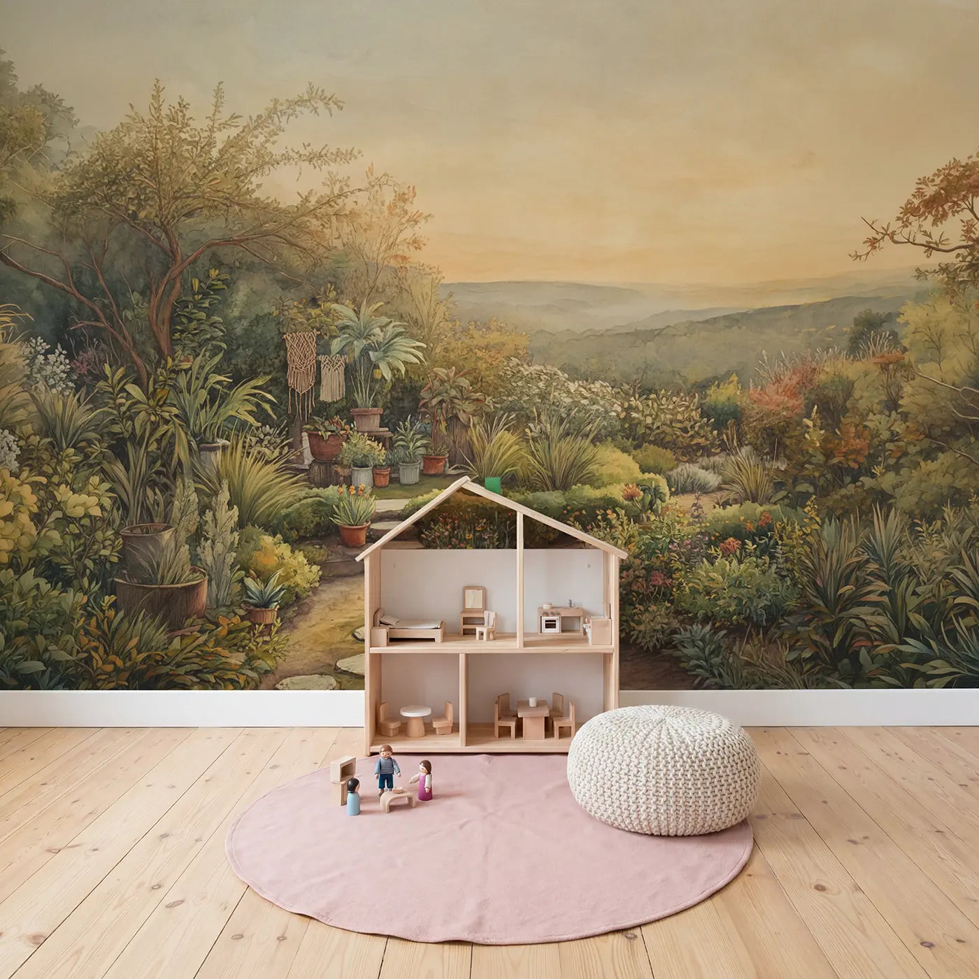 Mixed Houseplant Collection Boho Wallpaper Mural in playroom setting by Whimsy Tots
