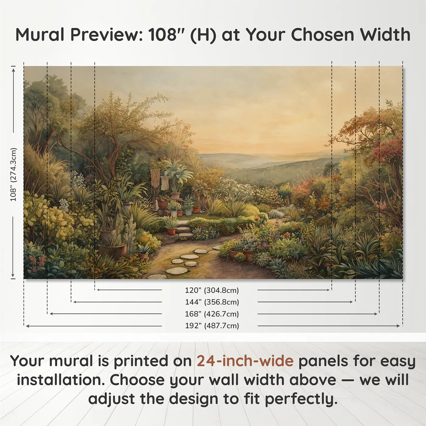 Panel layout and dimensions for Mixed Houseplant Collection Boho Wallpaper Mural by Whimsy Tots