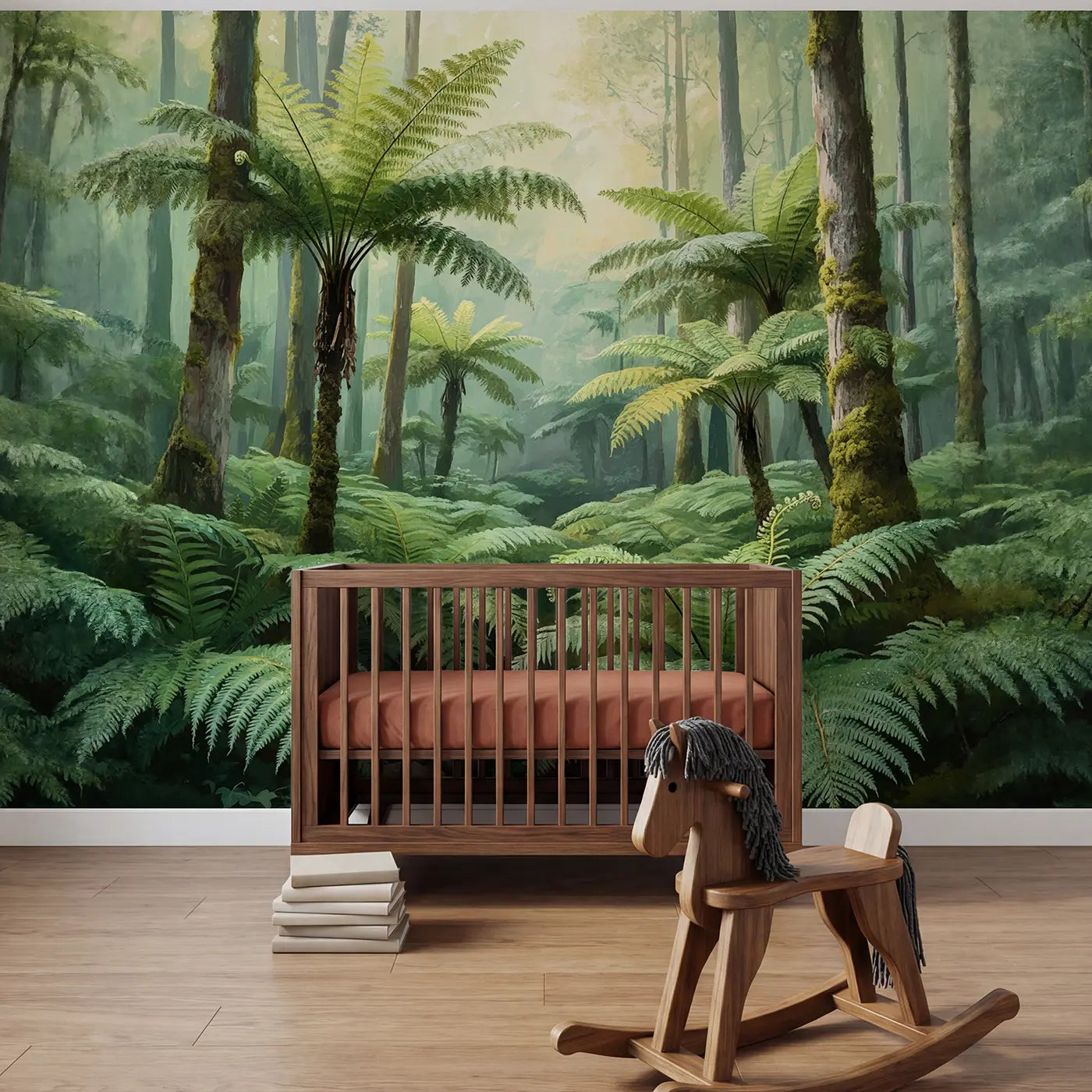 Soft pastel fern and moss botanical wallpaper mural for nursery by Whimsy Tots