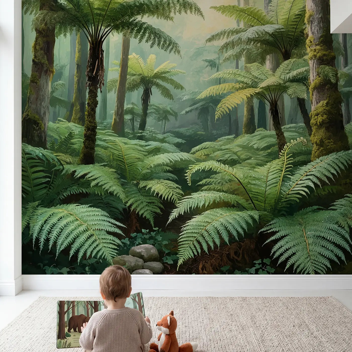 Child in nursery with Temperate Fern Forest Wallpaper Mural by Whimsy Tots