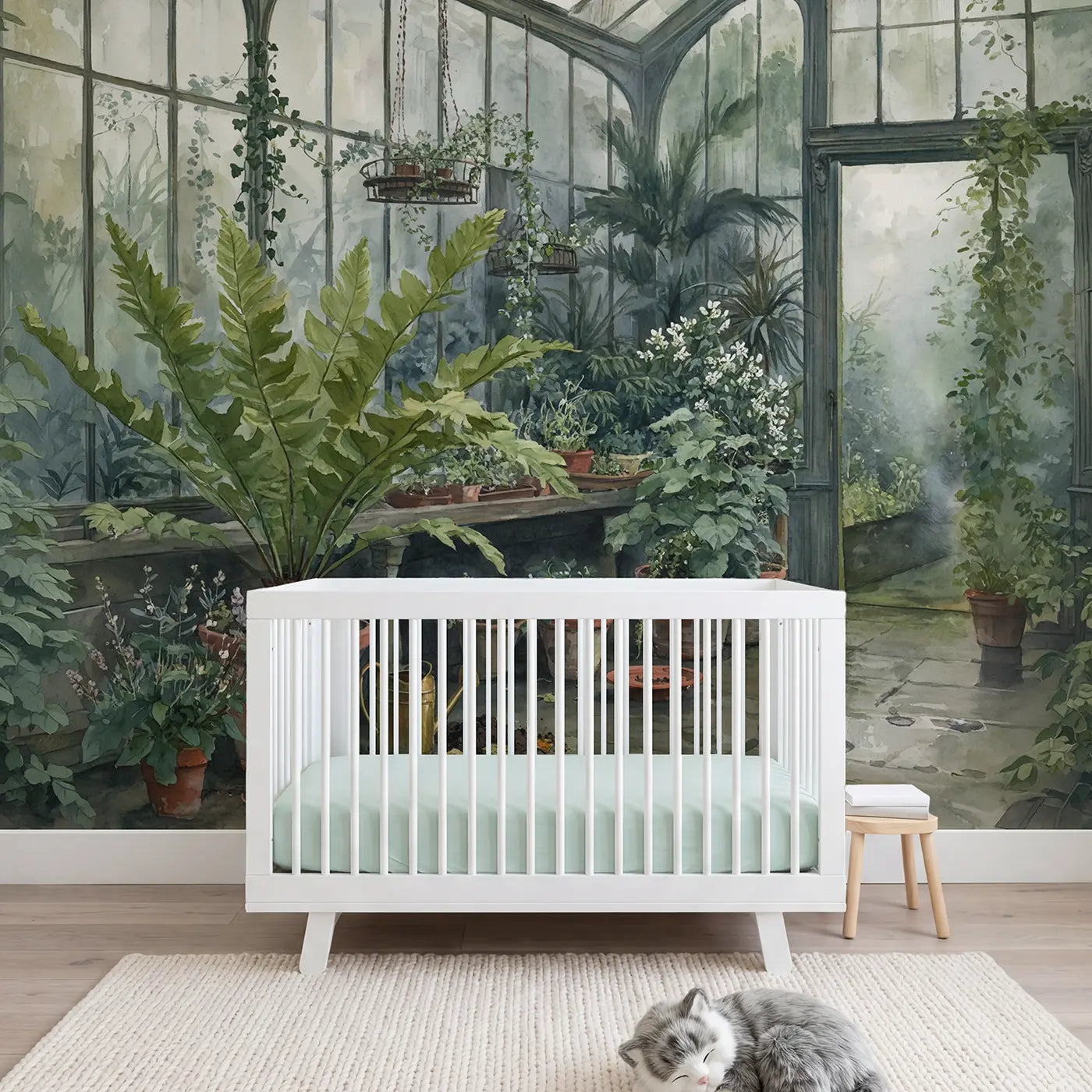 Watercolor fern and greenhouse botanical wallpaper mural for girls room by Whimsy Tots