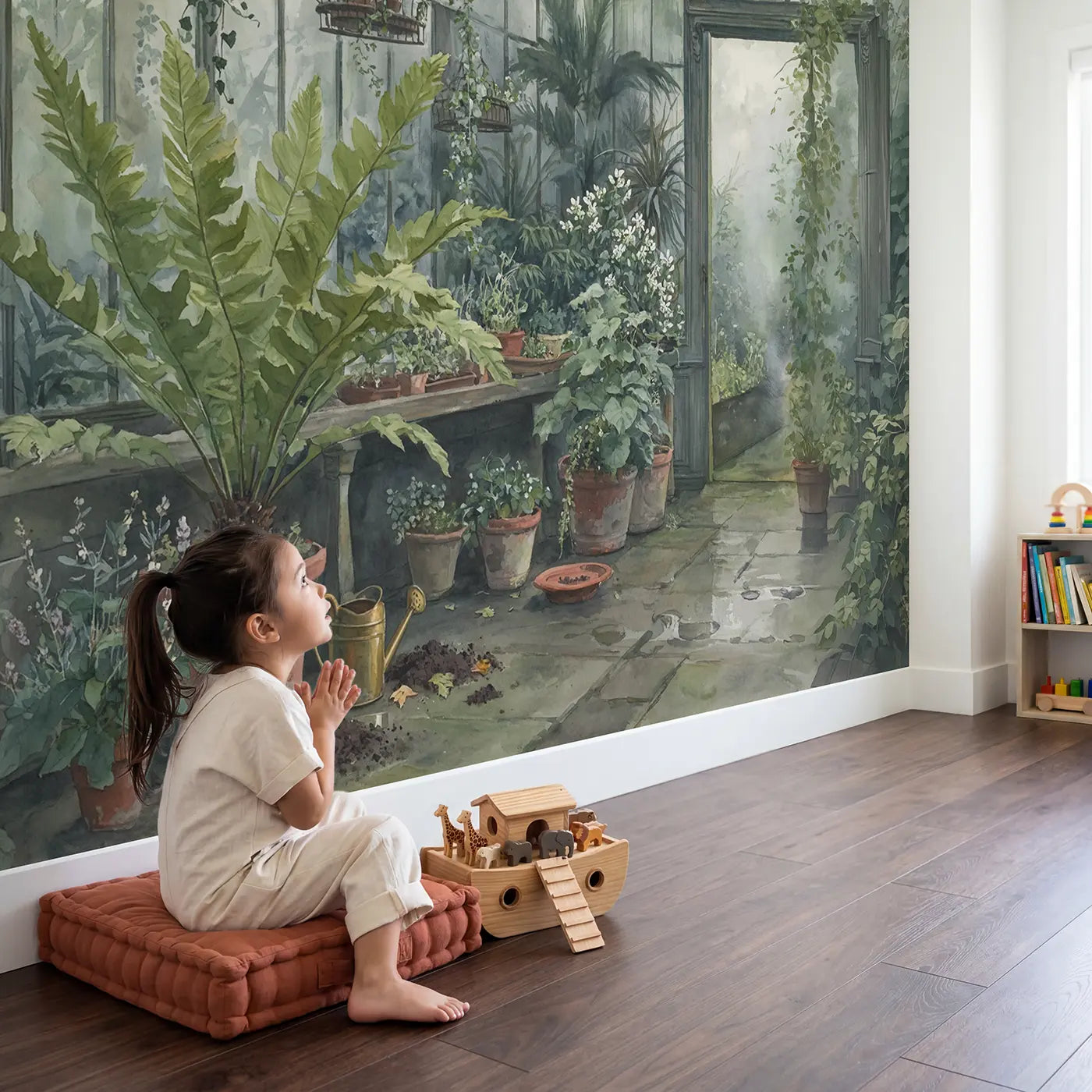 Child in nursery with Misty Fern Greenhouse Wallpaper Mural by Whimsy Tots