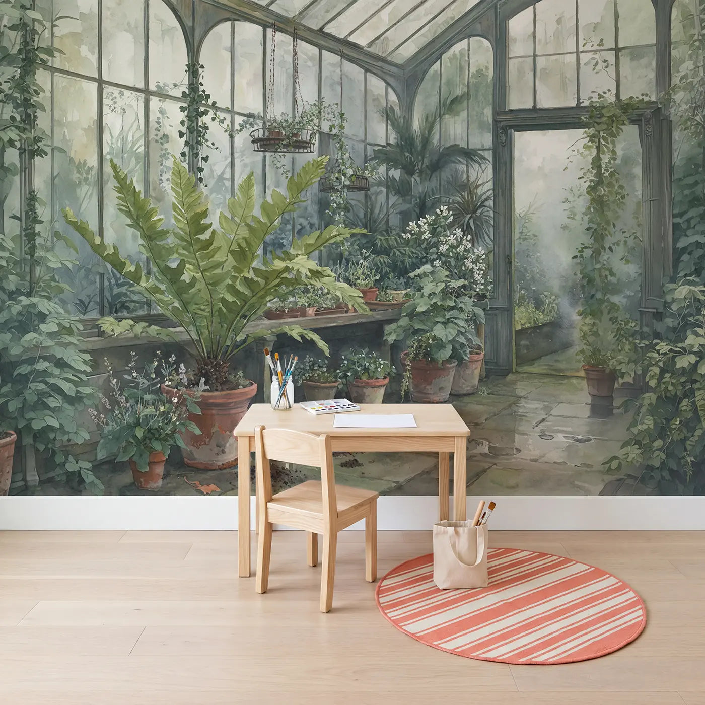 Misty Fern Greenhouse Wallpaper Mural in playroom setting by Whimsy Tots