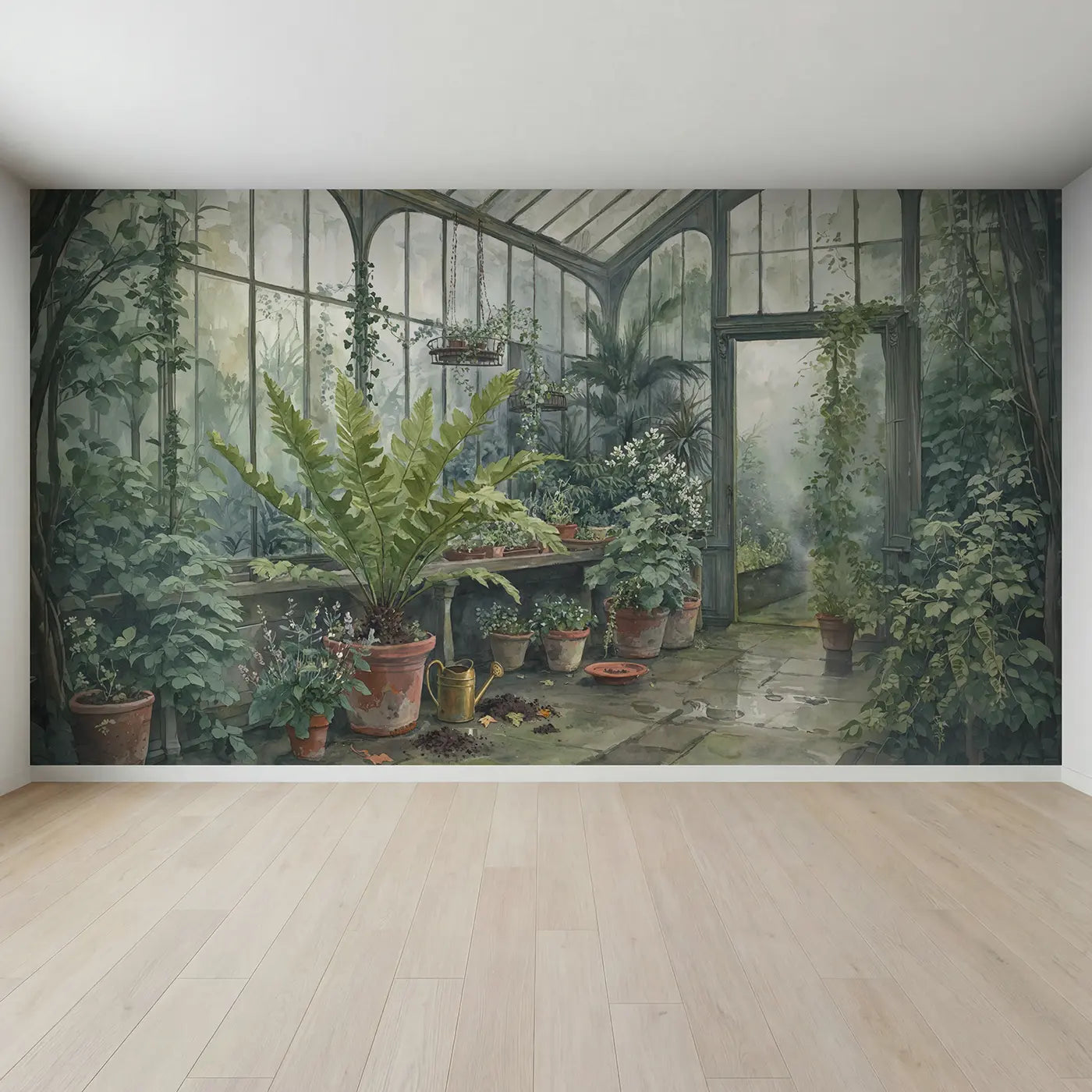 Full view of Misty Fern Greenhouse Wallpaper Mural by Whimsy Tots