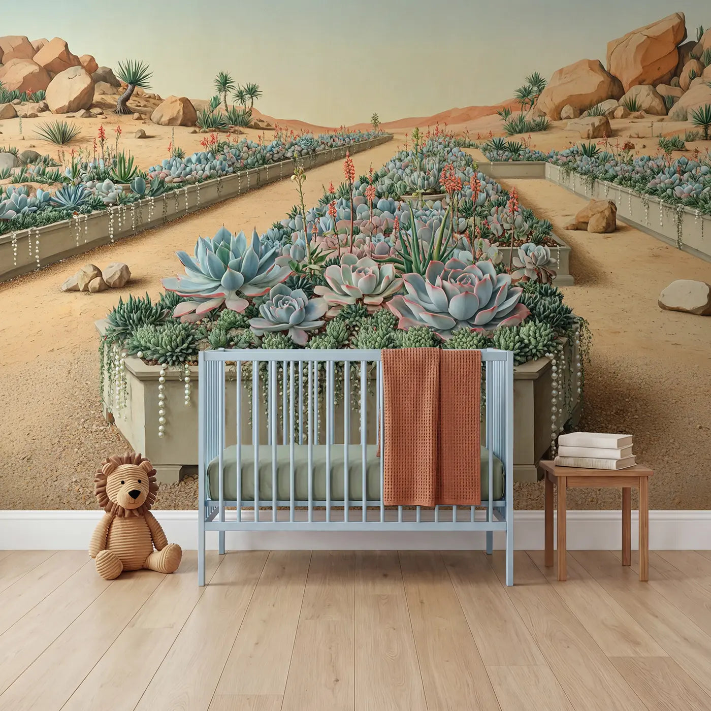 Botanical elegance desert succulent garden wallpaper mural for nursery by Whimsy Tots