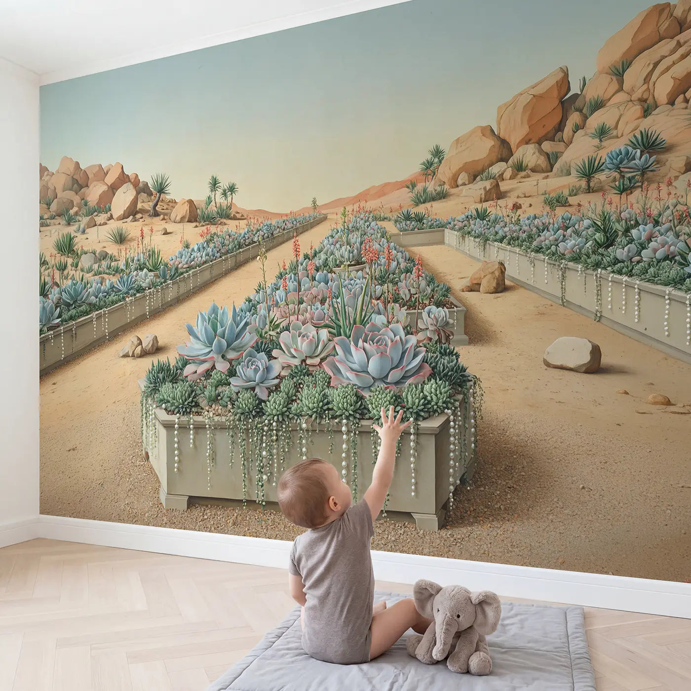 Child in nursery with Desert Succulent Garden Wallpaper Mural by Whimsy Tots