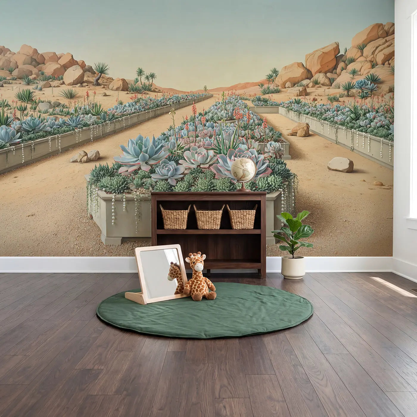 Desert Succulent Garden Wallpaper Mural in playroom setting by Whimsy Tots