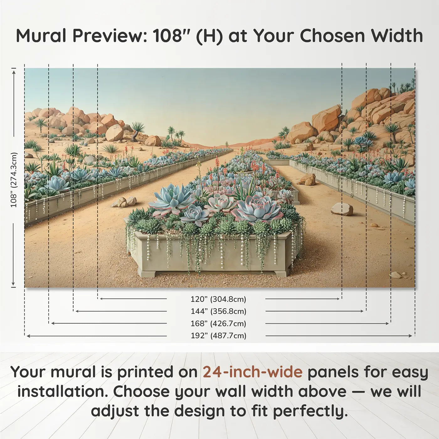 Panel layout and dimensions for Desert Succulent Garden Wallpaper Mural by Whimsy Tots