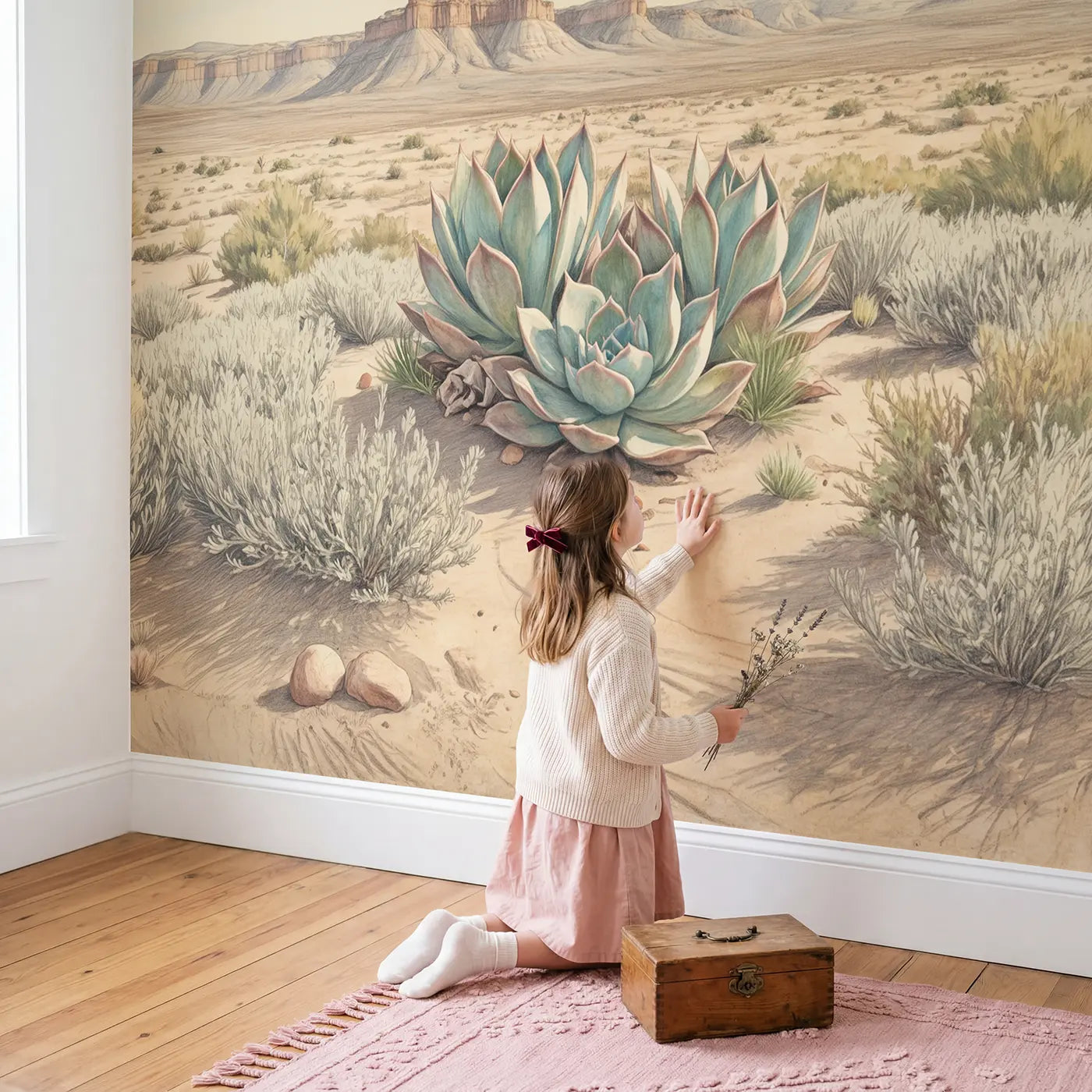 Child in nursery with Succulent Rosette Above Wallpaper Mural by Whimsy Tots